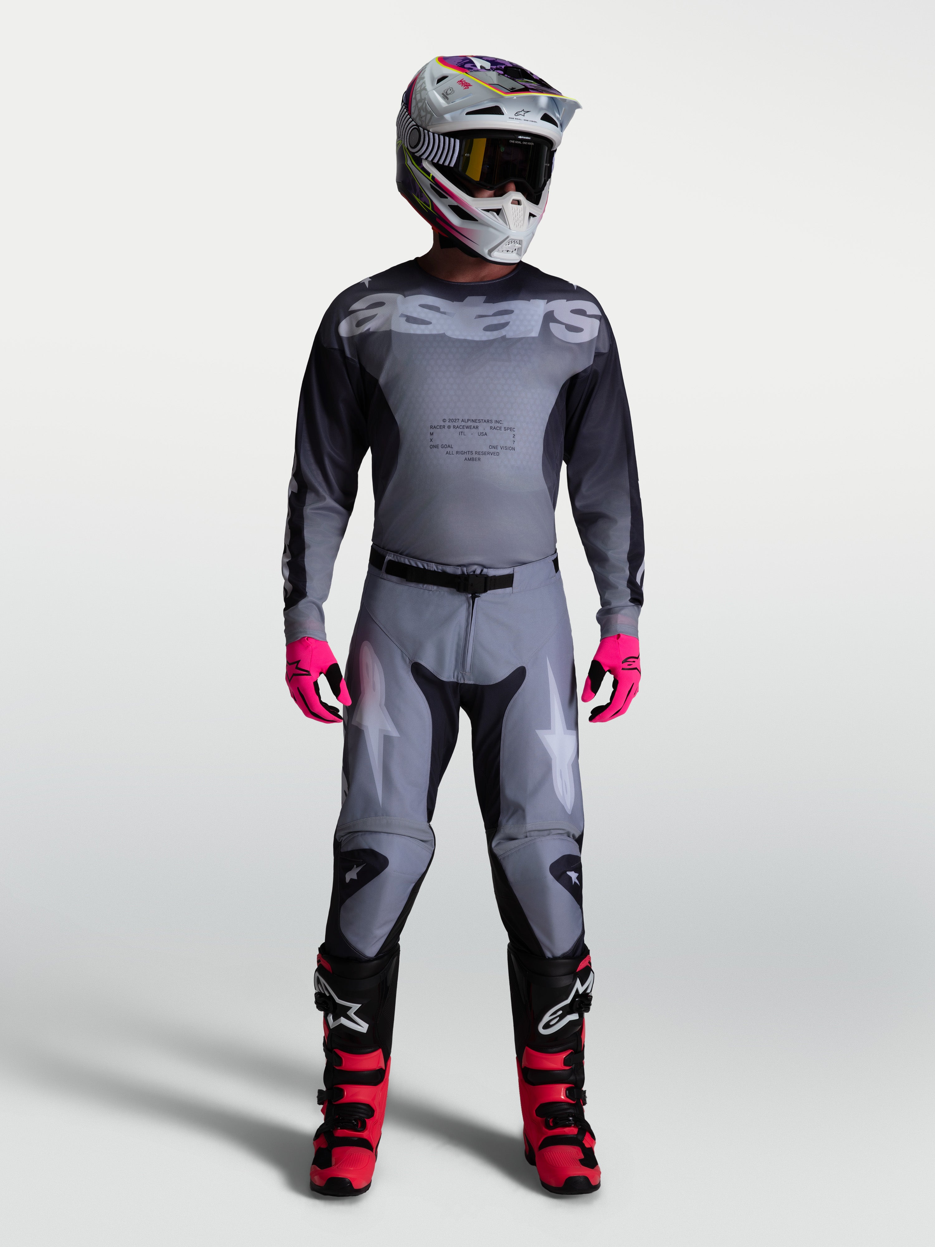 Alpinestars 2027 Racer Amber Jersey and Gear Set, Men's Motocross outfit in Gray and Black with vibrant Pink accents.
