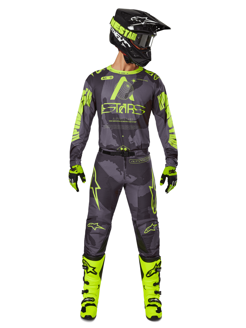 Alpinestars 2025 Racer Hollow Gear Set, Motocross racing outfit in Dark Camo and Yellow Fluo, includes long-sleeve jersey and matching pants, black helmet with neon accents, bright yellow boots and gloves, coordinated performance gear for off-road riding