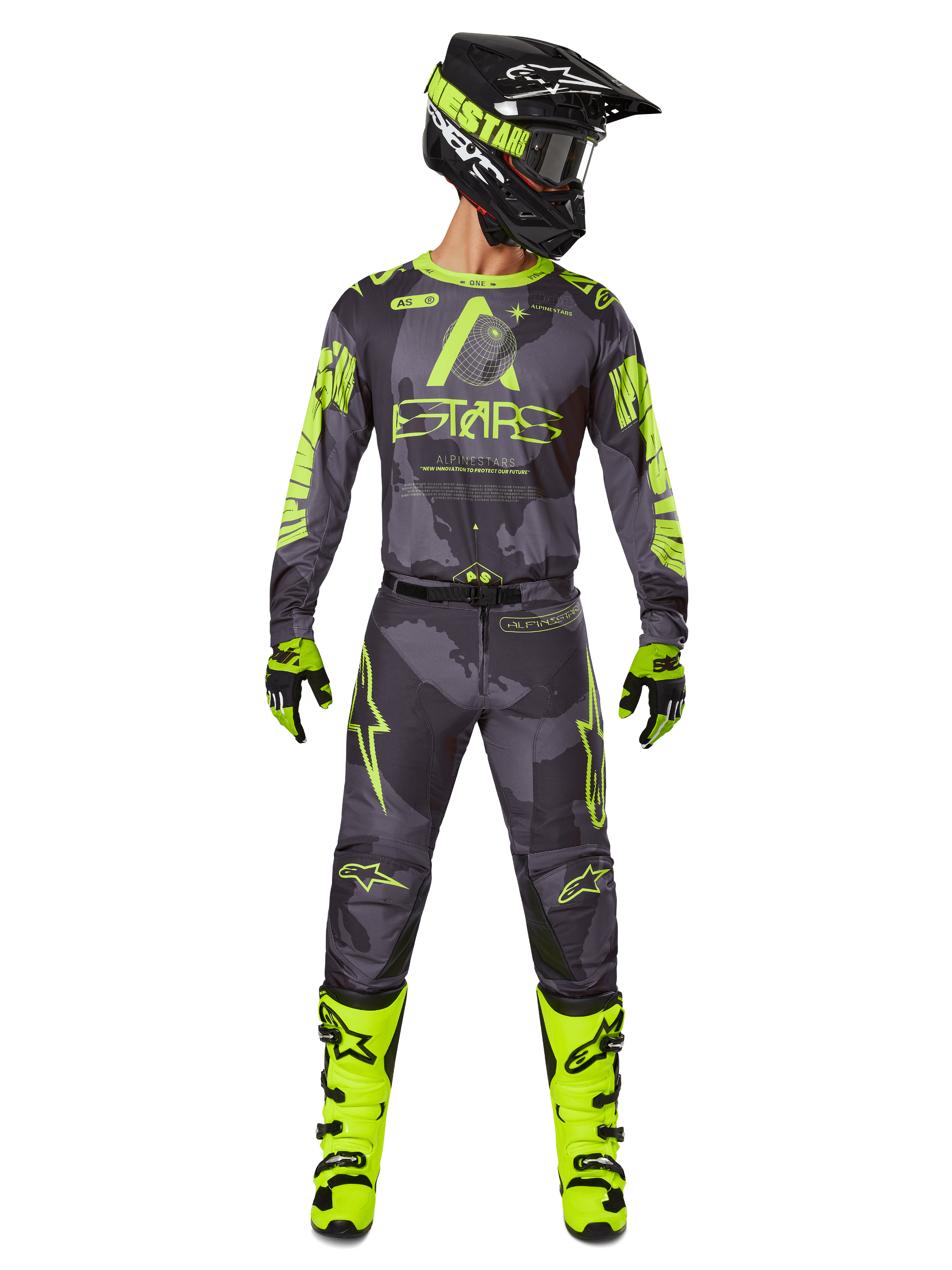 Alpinestars 2025 Racer Hollow Gear Set, Motocross racing outfit in Dark Camo and Yellow Fluo, includes long-sleeve jersey and matching pants, black helmet with neon accents, bright yellow boots and gloves, coordinated performance gear for off-road riding