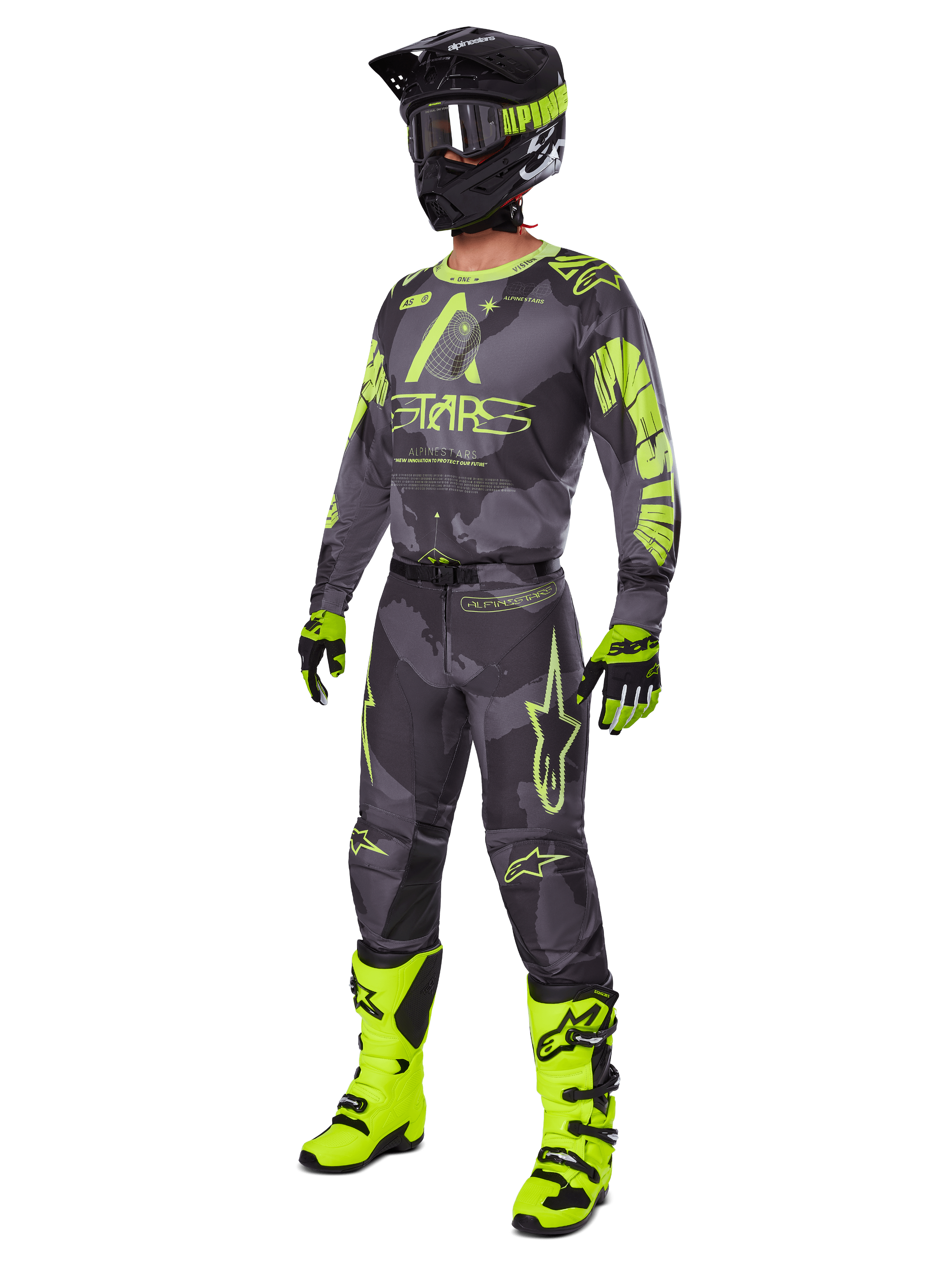 Alpinestars 2025 Racer Hollow Gear Set, full motocross outfit, gray camouflage and neon yellow, includes jersey, pants, matching black and yellow helmet, goggles, gloves, and bright yellow boots, high-performance off-road racing gear