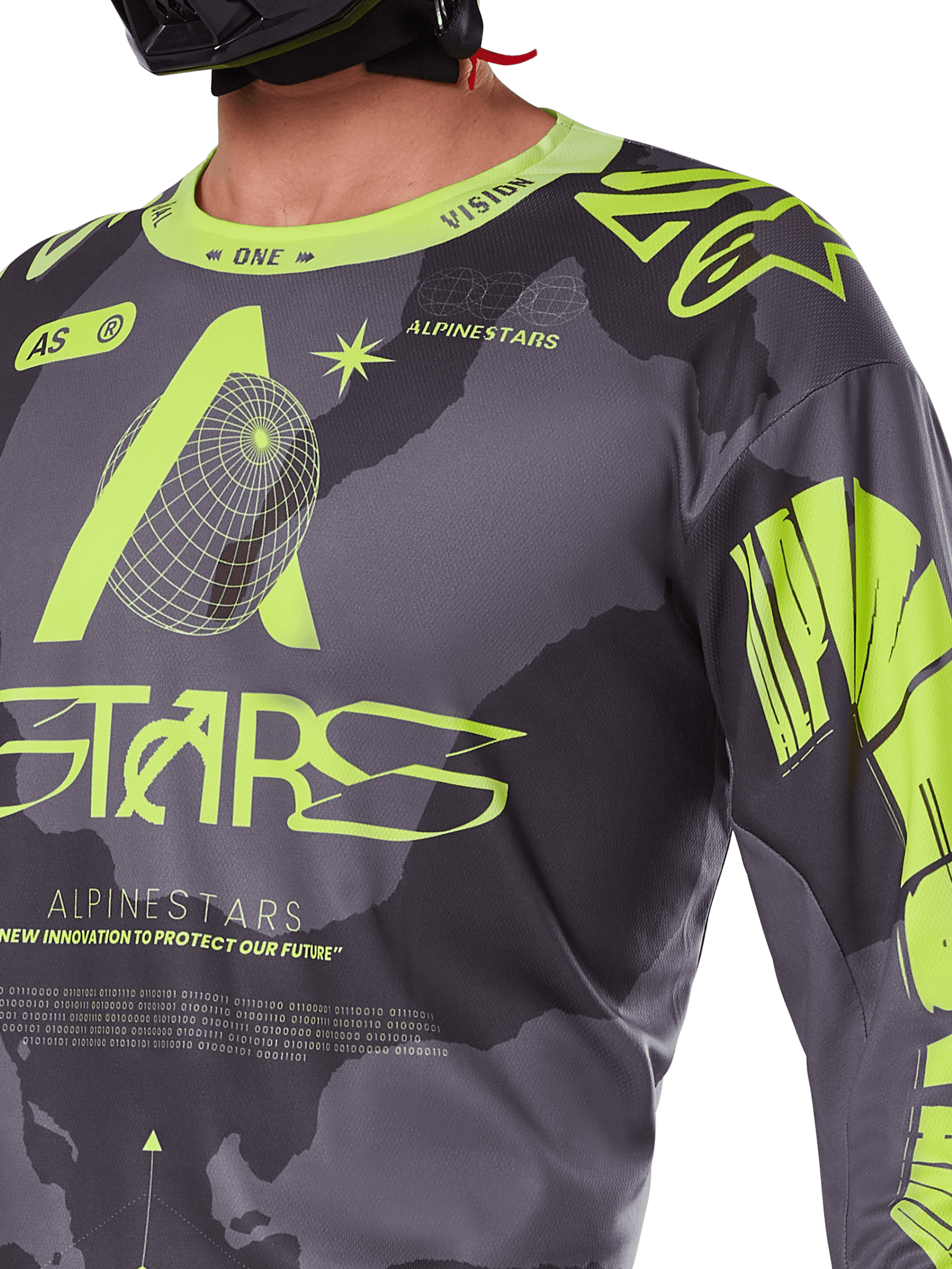 Alpinestars 2025 Racer Hollow Jersey, Motocross Jersey, Dark Camo and Yellow Fluo, close-up of chest and shoulder area, vibrant neon yellow Alpinestars branding and technical geometric graphics on a dark gray camouflage background