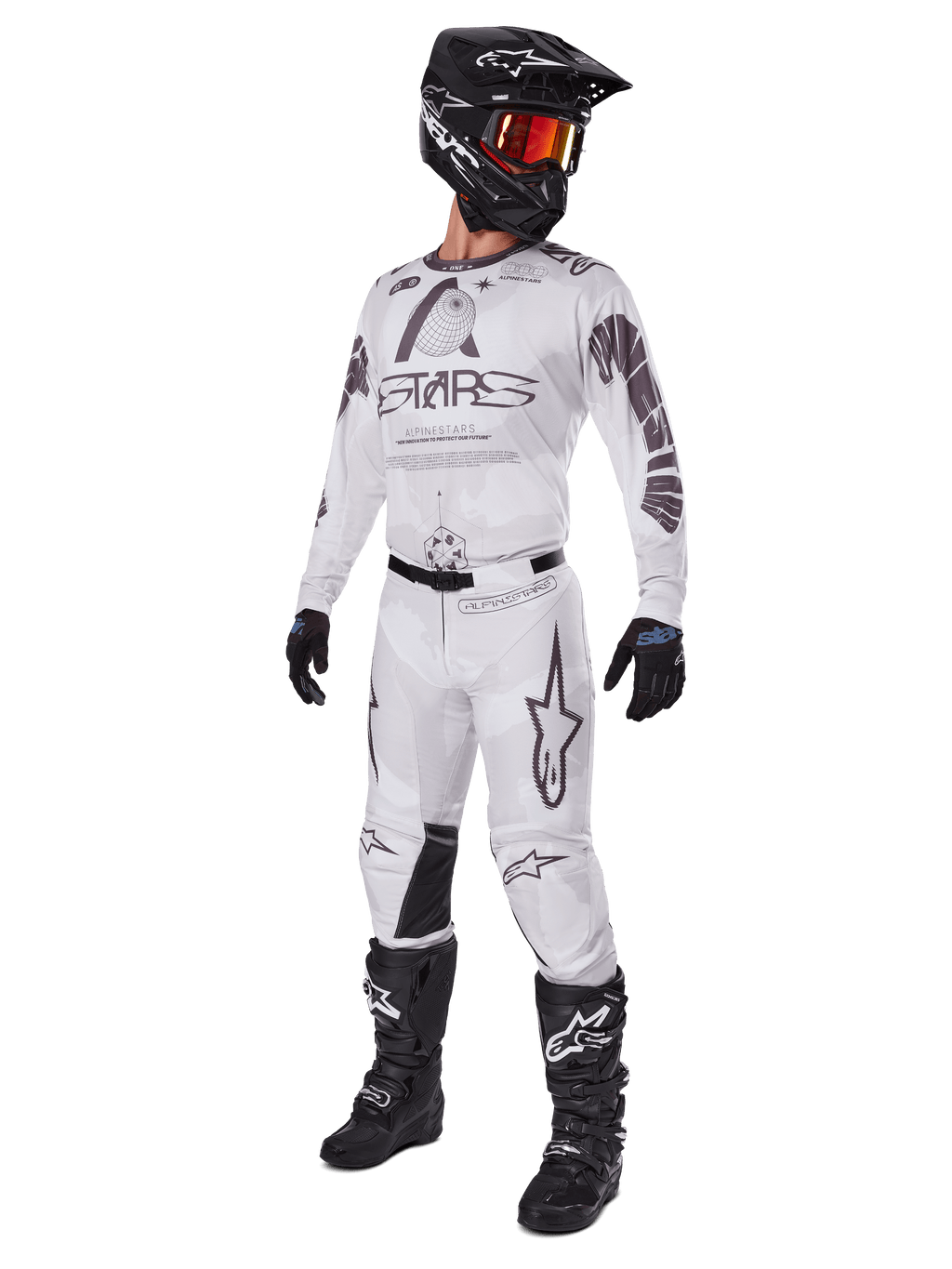 Alpinestars 2025 Racer Hollow Gear Set, Motocross Outfit, White and Grey, jersey and pants with bold 'STARS' branding, black helmet with orange-red tinted goggles, black gloves, and black boots, complete professional gear for dirt biking