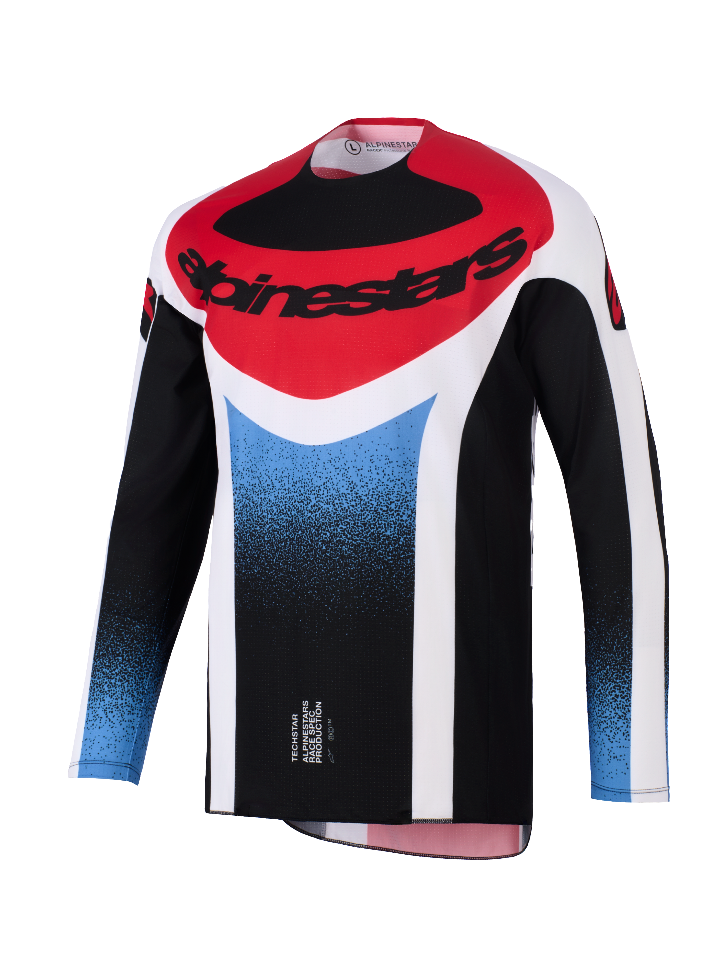 Alpinestars 2026 Techstar Knif Jersey, Motocross Jersey, Black, White, Red, and Blue gradient, athletic race fit, long-sleeve performance gear with bold Alpinestars logo on the chest.