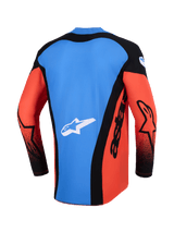 Alpinestars 2026 Techstar Knif Jersey, Motocross Jersey, Rear view in Orange Black and UCLA Blue, featuring a blue back panel with white star logo, black side panels with 'astars' branding, and orange sleeves with black accents, lightweight performance gear for off-road racing