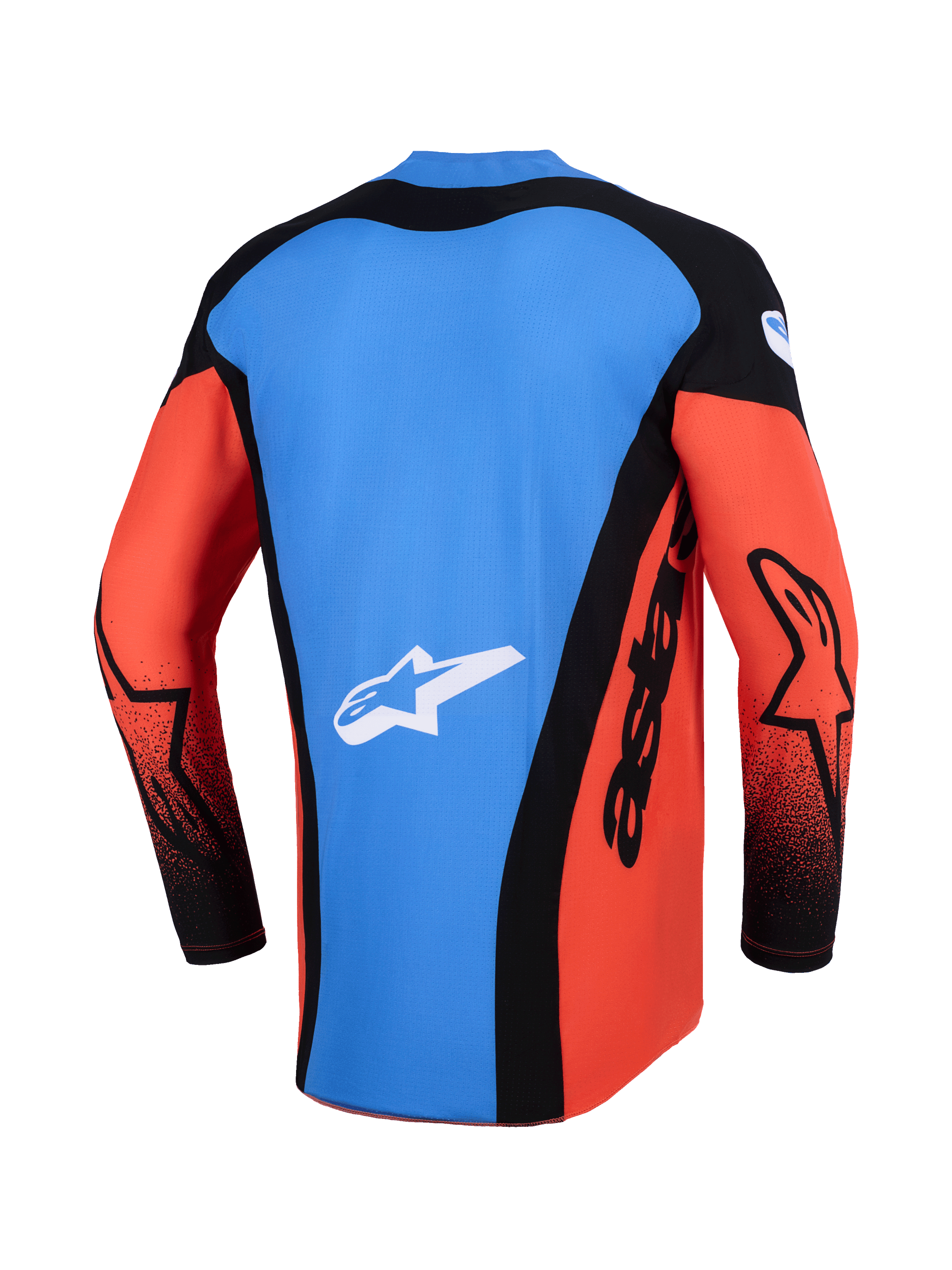 Alpinestars 2026 Techstar Knif Jersey, Motocross Jersey, Rear view in Orange Black and UCLA Blue, featuring a blue back panel with white star logo, black side panels with 'astars' branding, and orange sleeves with black accents, lightweight performance gear for off-road racing