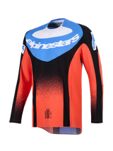 Alpinestars 2026 Techstar Knif Jersey, Motocross Jersey, Orange Black and UCLA Blue, front view featuring a blue chest panel with white Alpinestars logo and a black stippled gradient on the orange sleeves and body, performance off-road racing gear.