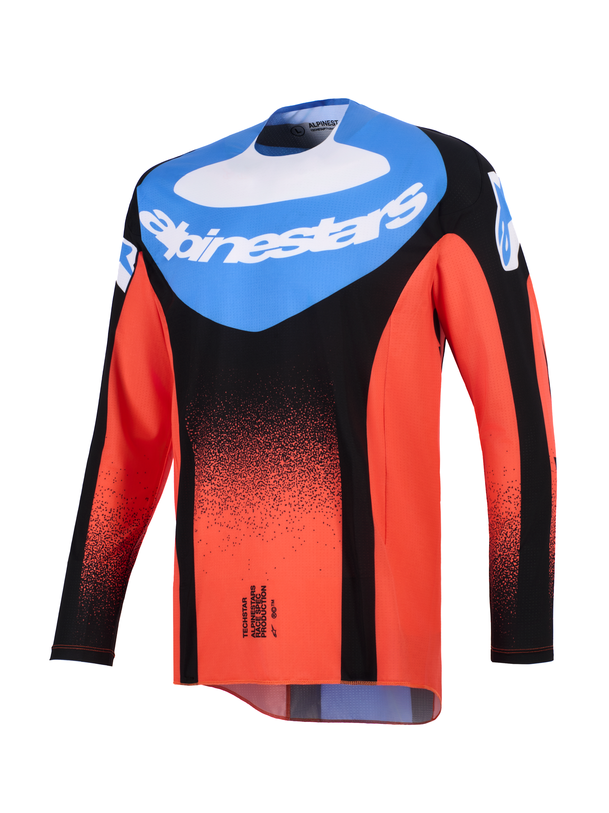 Alpinestars 2026 Techstar Knif Jersey, Motocross Jersey, Orange Black and UCLA Blue, front view featuring a blue chest panel with white Alpinestars logo and a black stippled gradient on the orange sleeves and body, performance off-road racing gear.