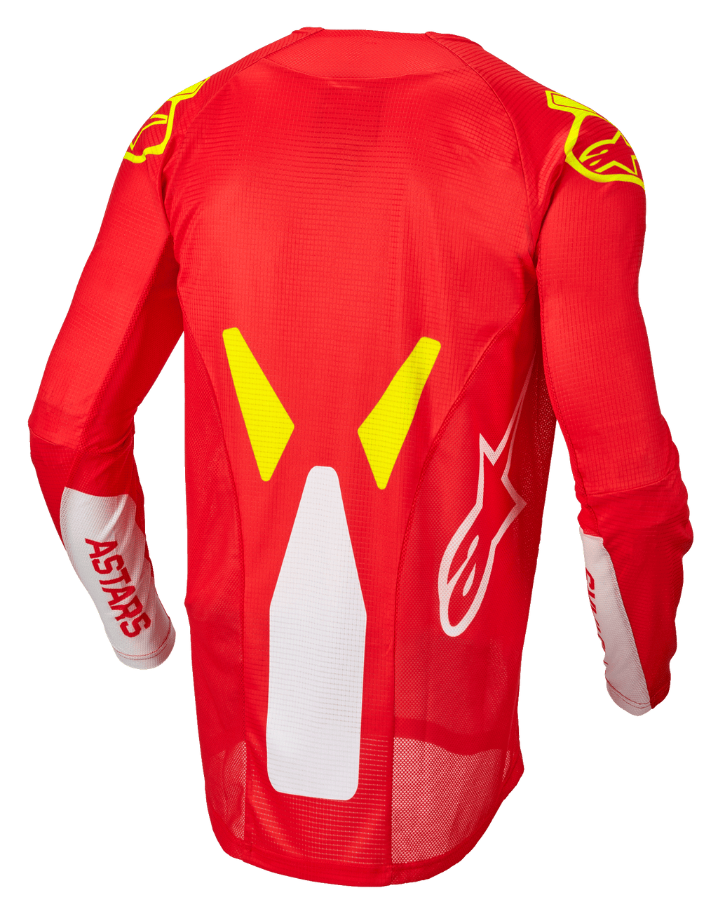Alpinestars Techstar Factory Jersey, Motocross Jersey, Red Fluo White and Yellow Fluo, back view featuring mesh ventilation panels and extended rear profile, white ASTARS branding on sleeves, and yellow fluo graphic accents on the shoulders.