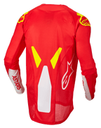 Alpinestars Techstar Factory Jersey, Motocross Jersey, Red Fluo White and Yellow Fluo, back view featuring mesh ventilation panels and extended rear profile, white ASTARS branding on sleeves, and yellow fluo graphic accents on the shoulders.