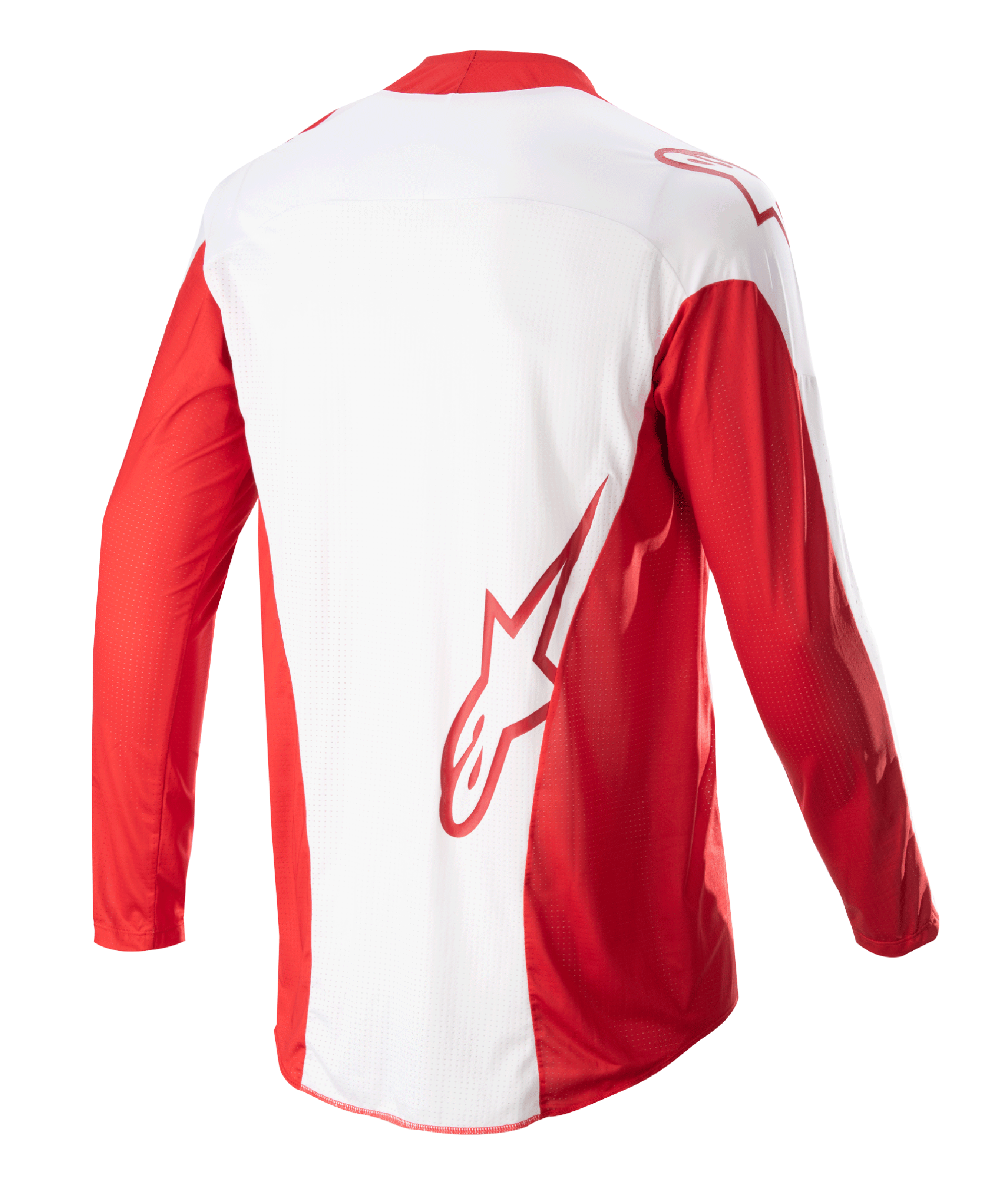 Alpinestars 2023 Techstar Arch Jersey, Motocross Jersey, Mars Red and White, back view showing white center panel and red long sleeves, red Astars logo on the lower back, mesh ventilation panels, and extended rear for off-road racing coverage.