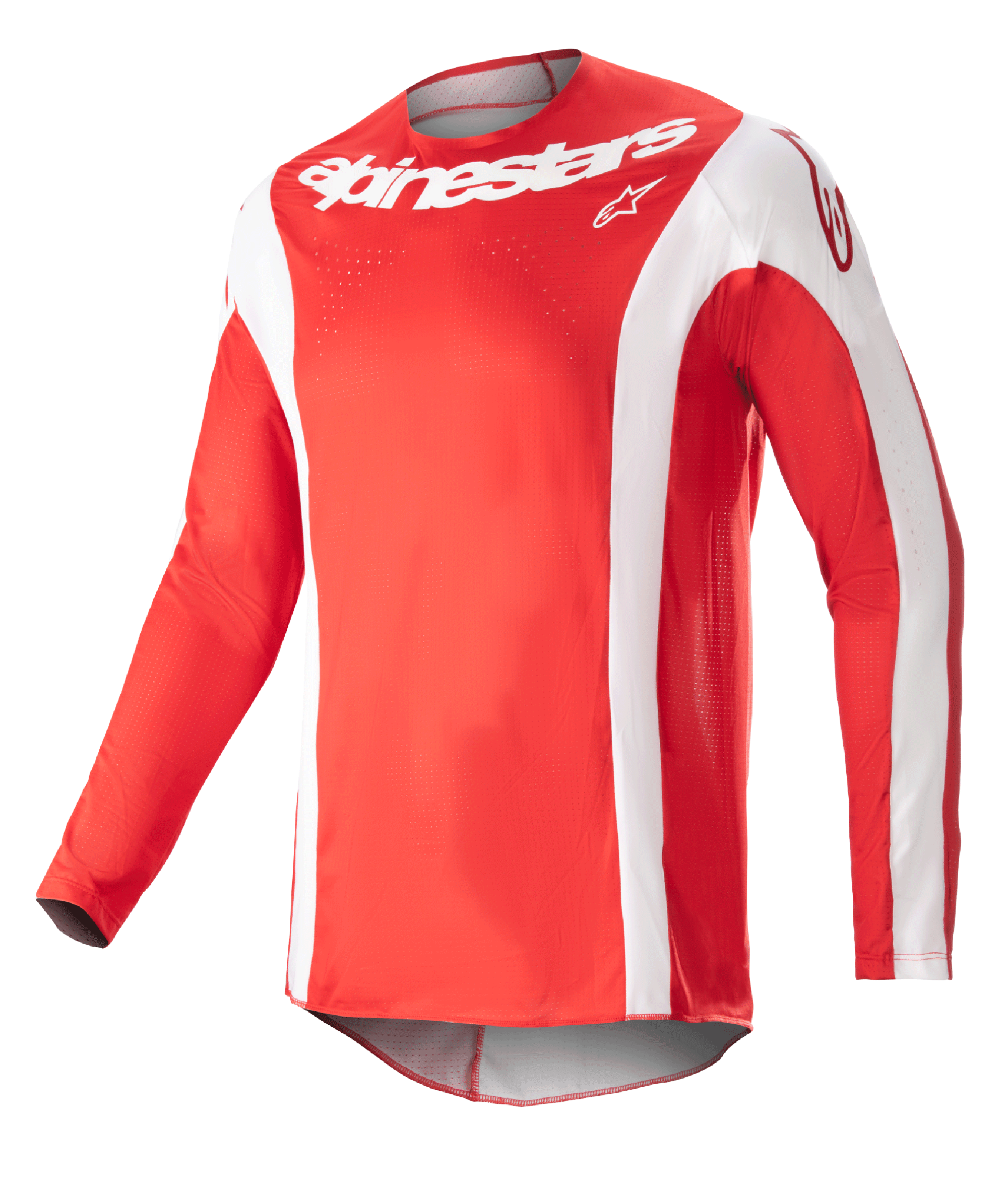 Alpinestars 2023 Techstar Arch Jersey, Motocross Jersey, Mars Red and White, white Alpinestars wordmark on chest, perforated athletic fabric, long sleeves with white accents, sporty design for off-road racing