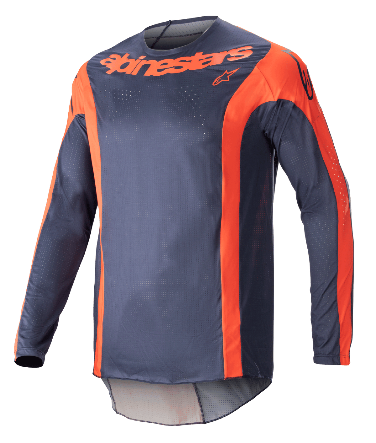 Alpinestars 2023 Techstar Arch Jersey, Long-Sleeve Motocross Jersey, Night Navy and Hot Orange, featuring vertical orange accents and chest branding, lightweight mesh fabric for off-road performance