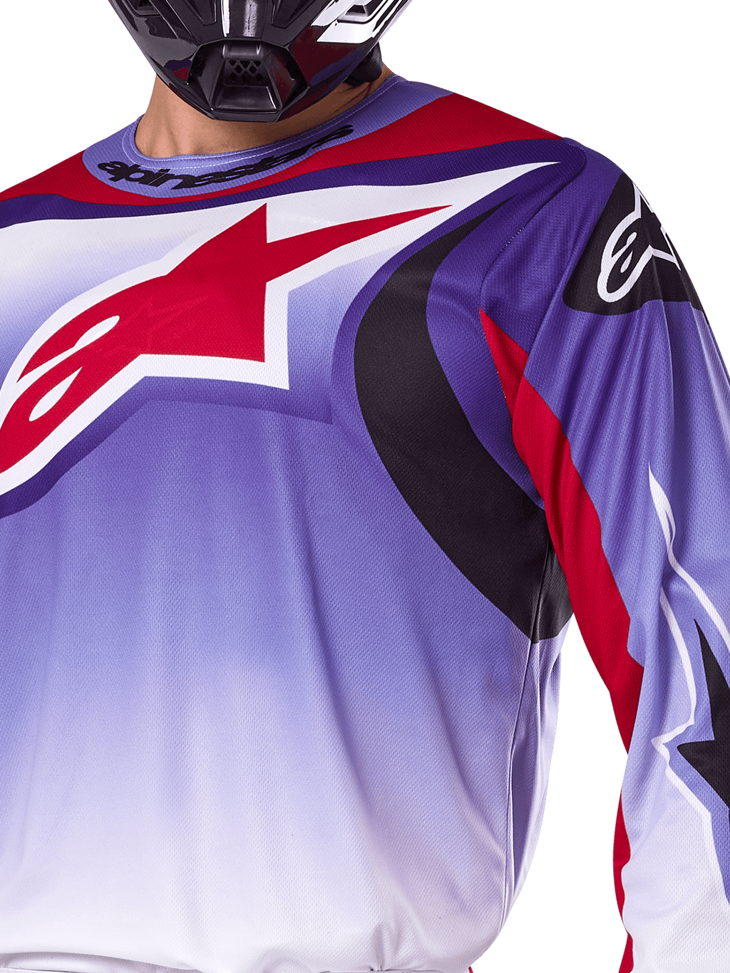 Alpinestars 2025 Fluid Wurx Jersey, Motocross Jersey, Purple and Bright Red, close-up of rider wearing jersey with large red Alpinestars star logo on chest, black and red curved graphic accents, athletic fit for off-road racing