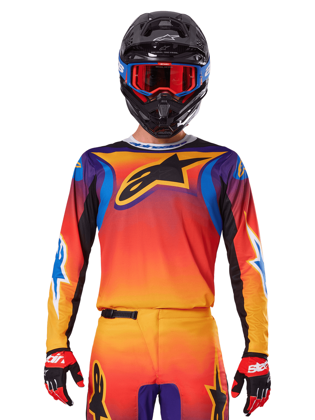 Alpinestars 2025 Fluid Wurx Jersey, Multicolor motocross jersey with orange and red gradient and purple accents, worn with matching gear, black helmet with blue and red goggles, and red gloves, featuring a large black star logo on the chest.