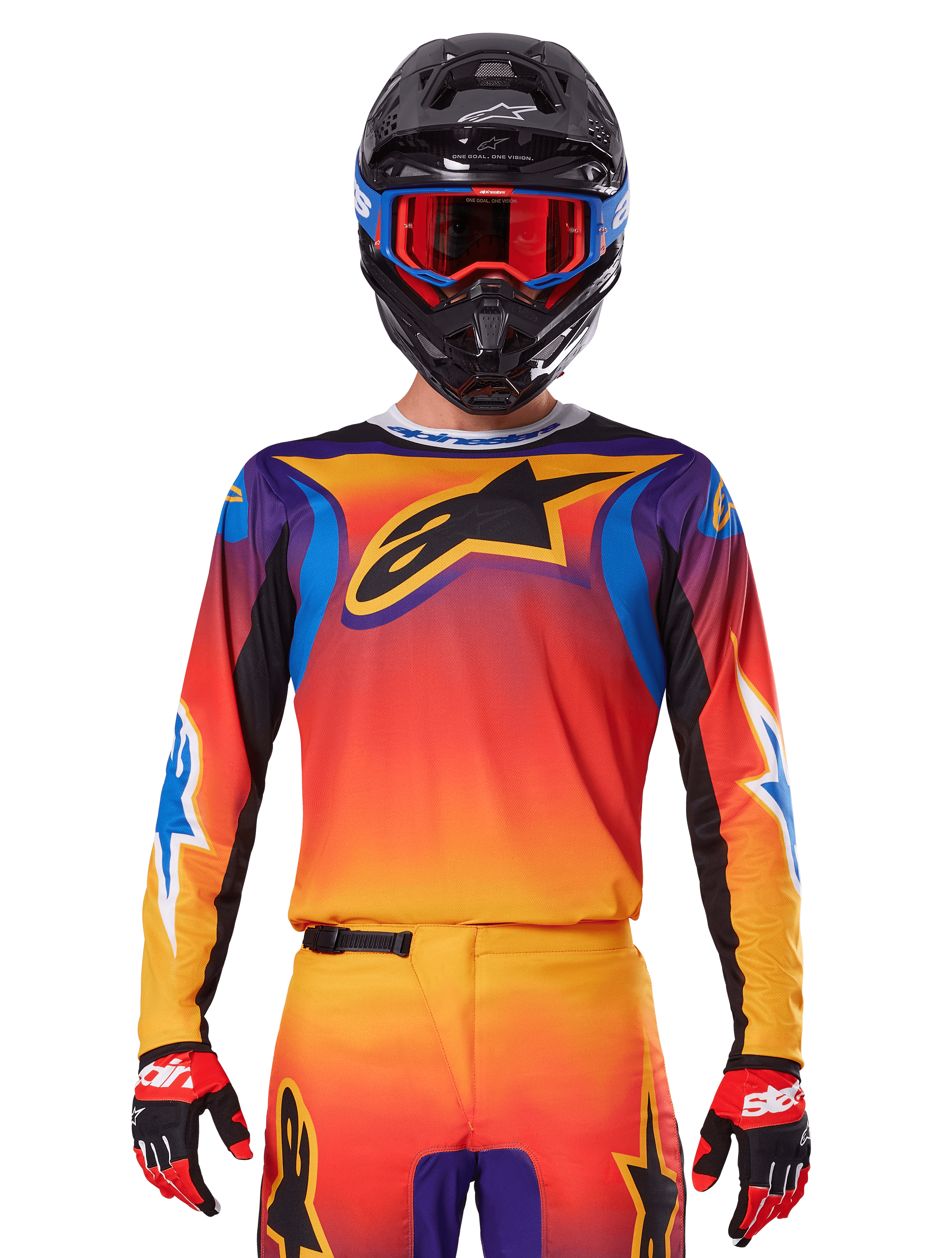Alpinestars 2025 Fluid Wurx Jersey, Multicolor motocross jersey with orange and red gradient and purple accents, worn with matching gear, black helmet with blue and red goggles, and red gloves, featuring a large black star logo on the chest.