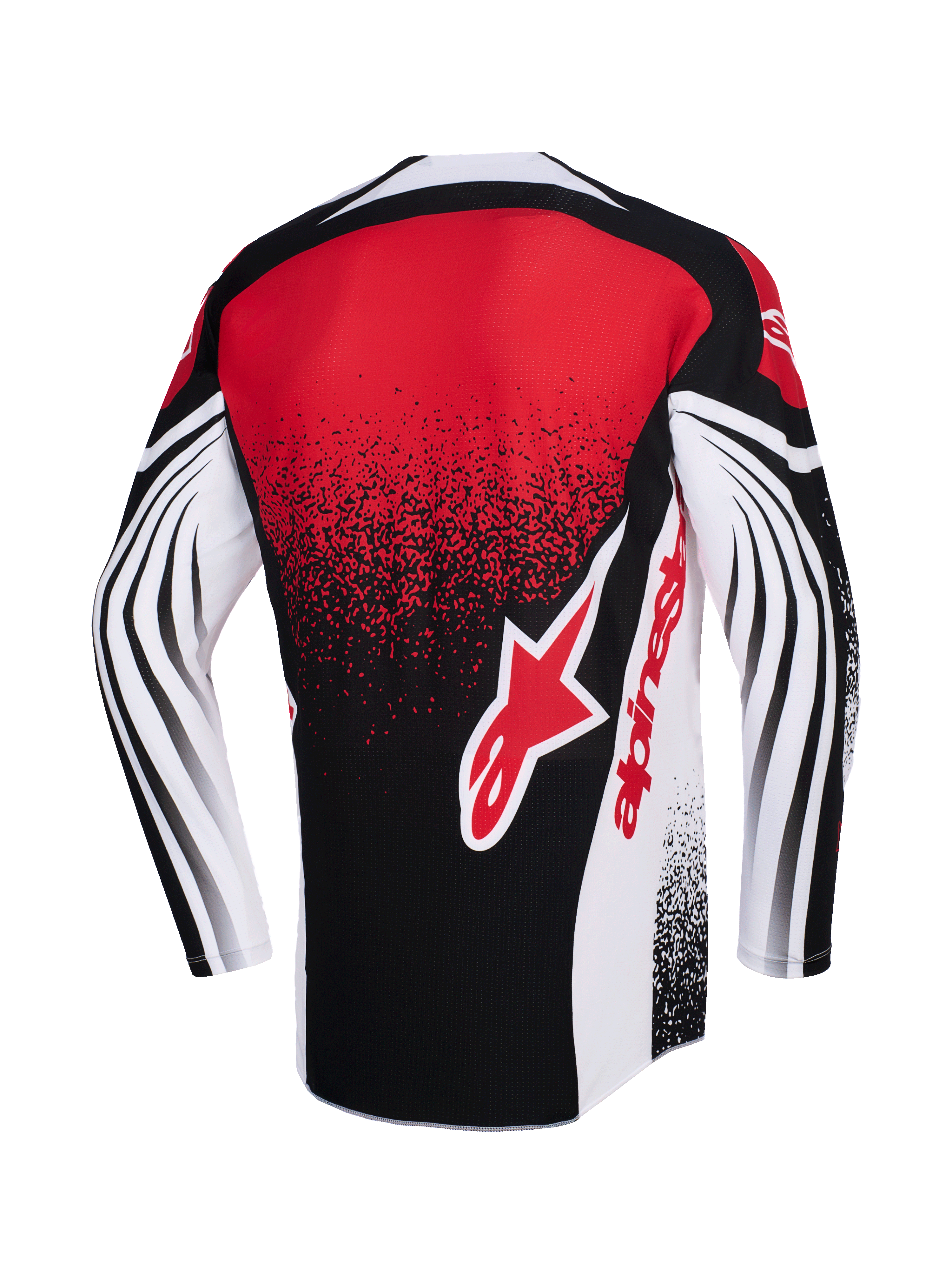 Alpinestars 2026 Techstar Nomur Jersey, Motocross Jersey, Black White and Red, back view featuring a large red Alpinestars logo, speckled gradient effect, and dynamic curved patterns on the long sleeves, performance racing apparel