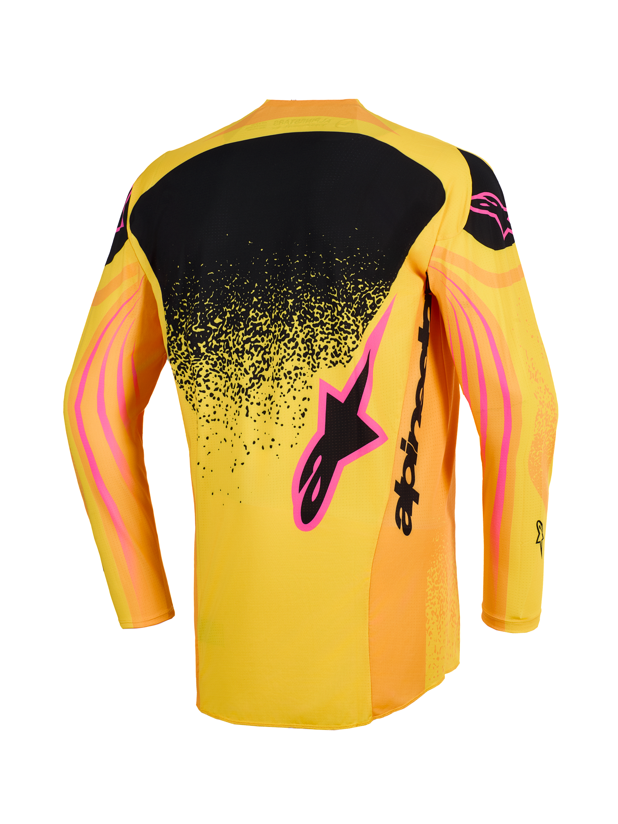 Alpinestars 2026 Techstar Nomur Jersey, Motocross Jersey, Orange Yellow and Pink, rear view featuring a black upper back panel with a speckled gradient, pink logo accents, and wavy graphic patterns on the sleeves.