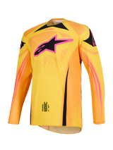 2026 Techstar Nomur Jersey, Motocross Jersey in Orange Yellow and Pink, featuring a prominent pink and black Alpinestars star logo on the chest, long-sleeve athletic race fit, performance off-road competition garment