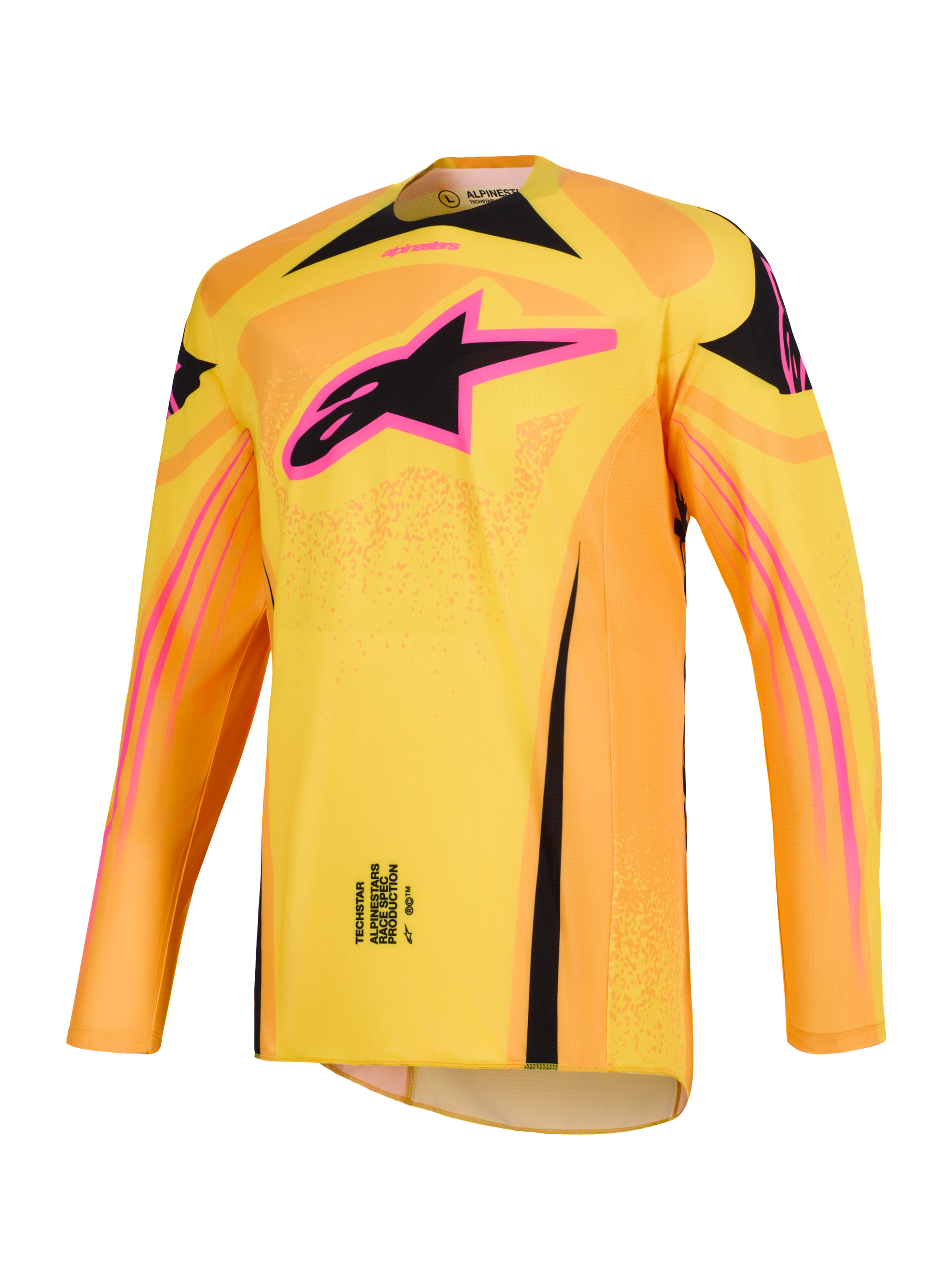 2026 Techstar Nomur Jersey, Motocross Jersey in Orange Yellow and Pink, featuring a prominent pink and black Alpinestars star logo on the chest, long-sleeve athletic race fit, performance off-road competition garment