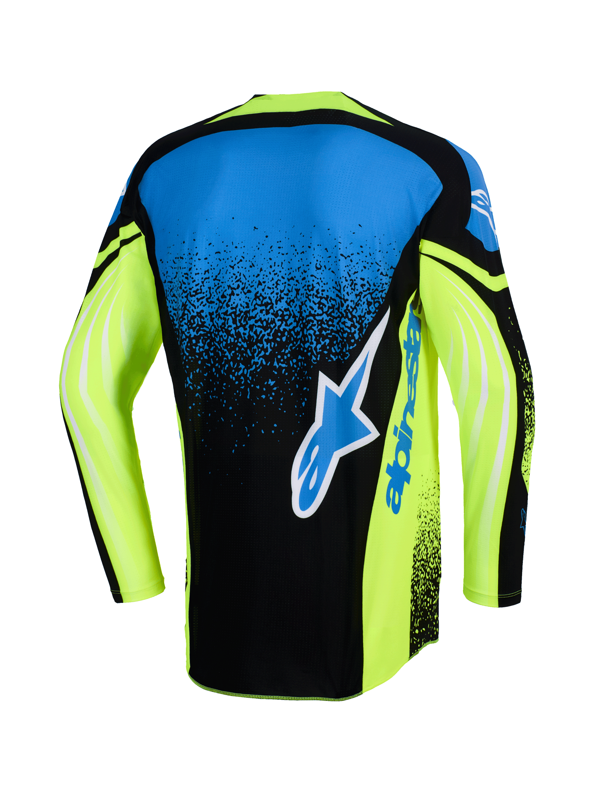Alpinestars 2026 Techstar Nomur Jersey, back view, Motocross Jersey, Dark Navy, Yellow Fluo and Blue, featuring a large Alpinestars logo on the back, neon yellow sleeves with graphic accents, and an athletic racing fit.