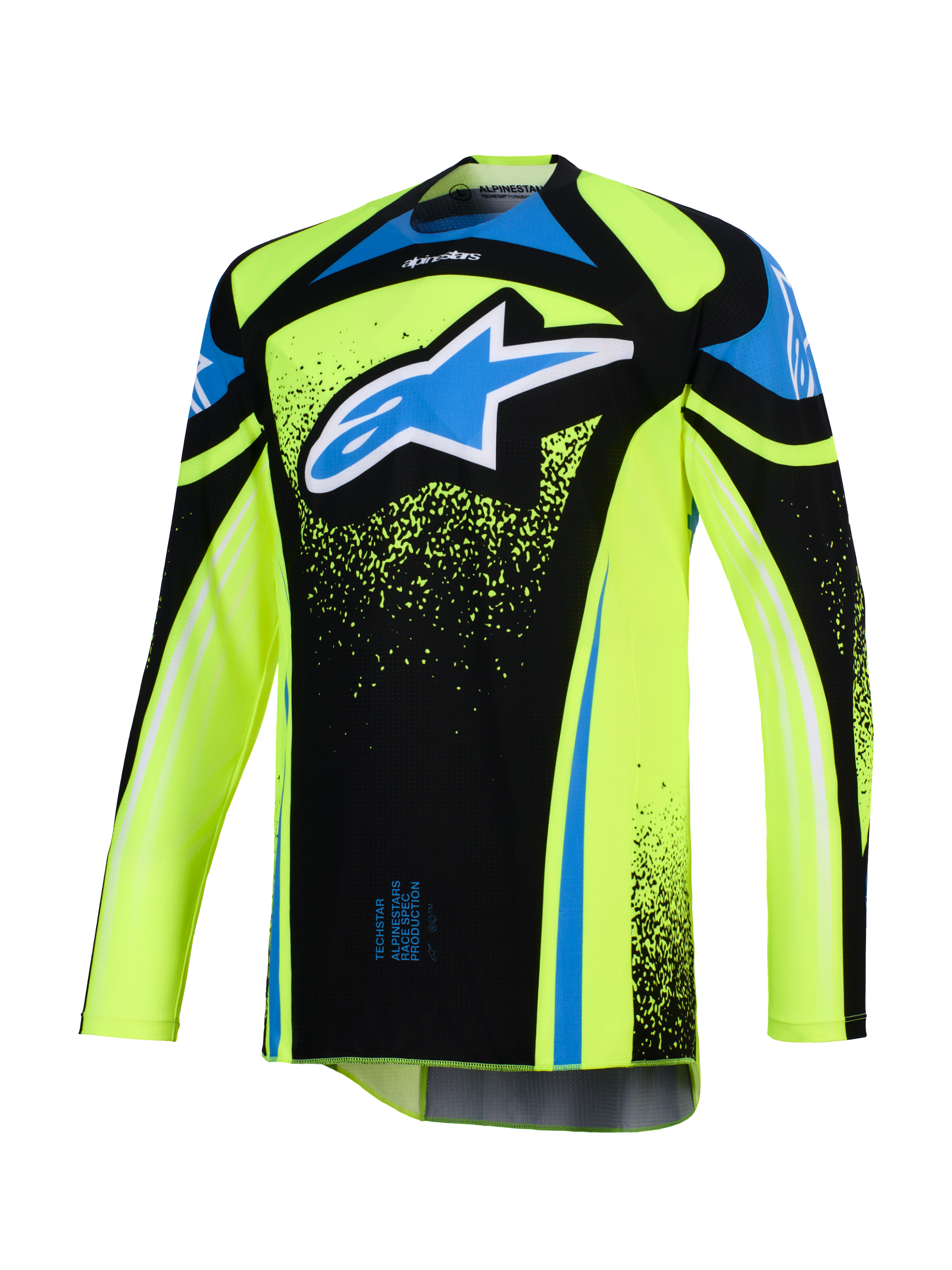 Alpinestars 2026 Techstar Nomur Jersey, Motocross Jersey, Fluo Yellow and Black with Blue accents, featuring a large blue and white Astar logo on the chest, splatter graphic details, long sleeves, athletic off-road racing gear