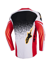 Alpinestars 2026 Techstar Nomur Jersey, Motocross Jersey, Light Gray Red and Black, back view featuring a black to light gray gradient splatter design, red sleeves with yellow curved accents, and black Alpinestars logo on the back.