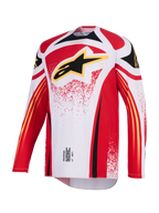 Alpinestars 2026 Techstar Nomur Jersey, Motocross Jersey, White Red and Black, featuring a large black Astar logo with yellow outline on the chest, athletic race fit with long sleeves and performance graphics for off-road racing.