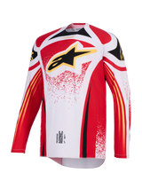 Alpinestars 2026 Techstar Nomur Jersey, Motocross Jersey, White Red and Black, featuring a large black Astar logo with yellow outline on the chest, athletic race fit with long sleeves and performance graphics for off-road racing.