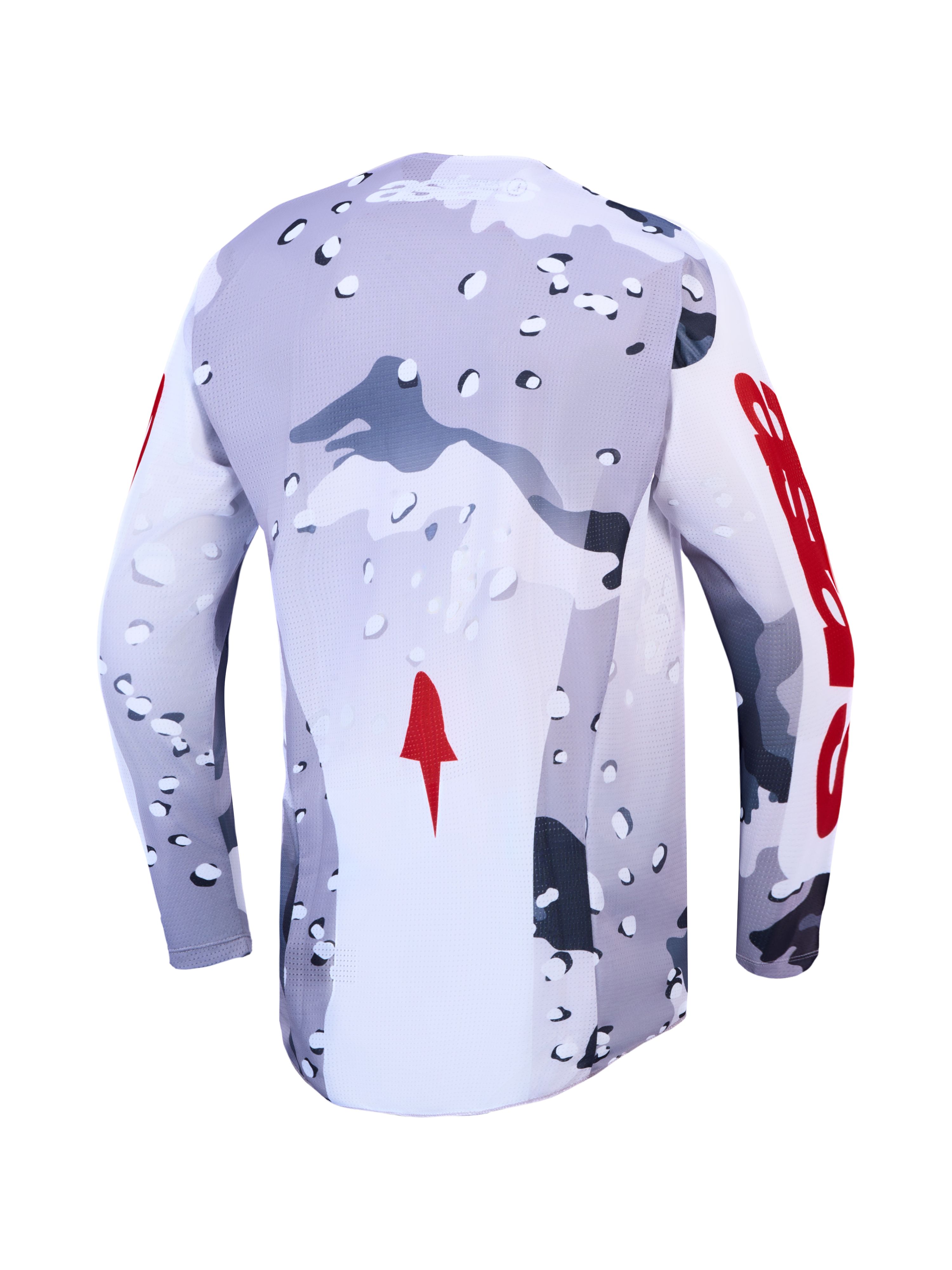 Alpinestars 2027 Racer Air Lone Jersey, Motocross Gear, Back View, Gray and White Camo with Red Accents, Ventilated Mesh.