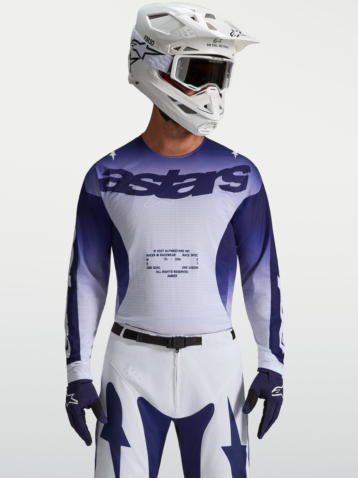 Alpinestars Racer Air Amber Jersey in blue and white, featuring breathable mesh for motocross performance.