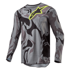 Alpinestars 2024 Racer Tactical Jersey, Motocross Jersey, Cast Gray Camo Magnet, gray and black camouflage pattern with a bright yellow Alpinestars logo on the chest, long sleeves, performance off-road riding gear