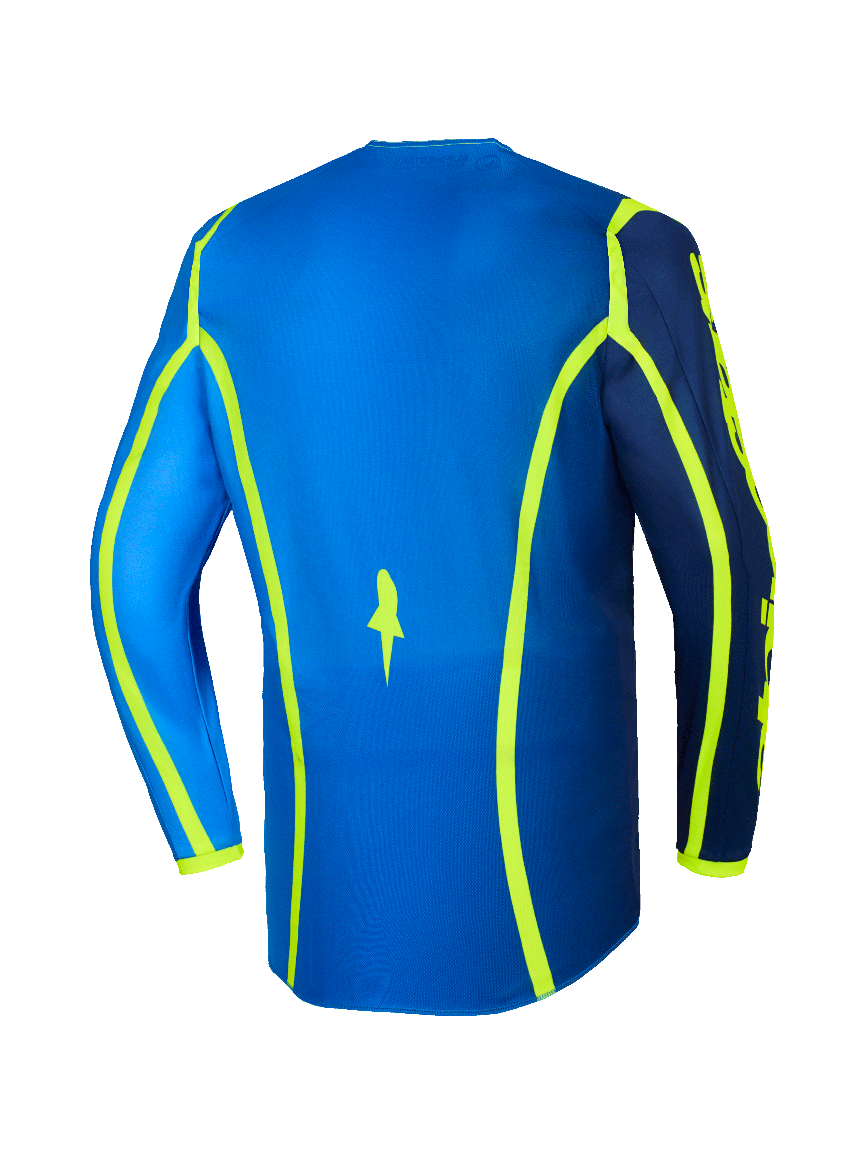 Alpinestars 2026 Fluid Apex Jersey, Motocross Jersey, Blue and Yellow Fluo, rear view featuring neon yellow graphic lines and extended back hem, lightweight and breathable off-road gear