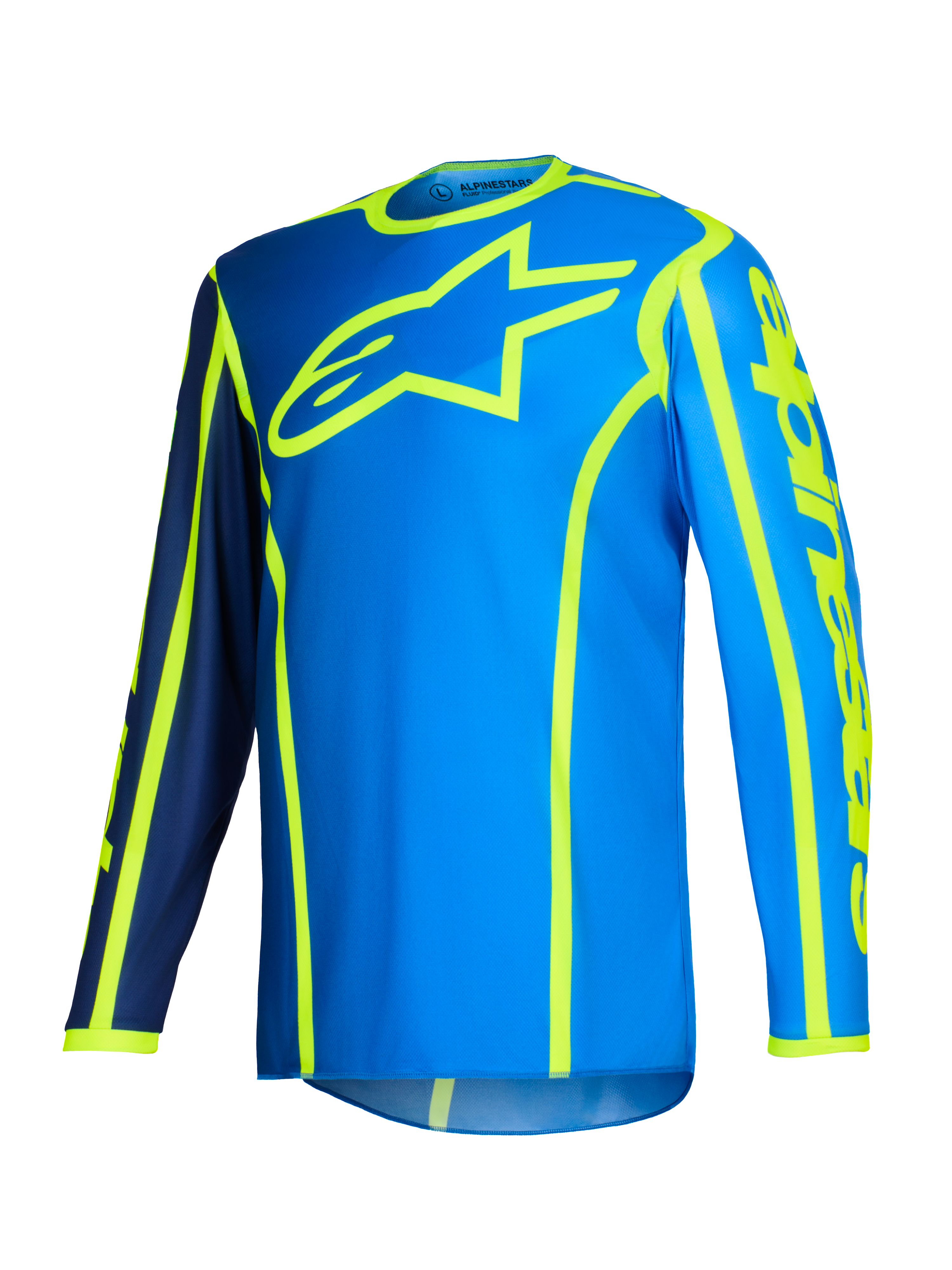 Alpinestars 2026 Fluid Apex Jersey, Motocross Jersey, Blue and Yellow Fluo, large fluorescent yellow star logo on the chest, long sleeves with navy blue and bright blue sections, vertical branding on the arm, sporty off-road gear