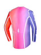 Alpinestars 2026 Fluid Apex Jersey, Back view, Multicolor pink purple and orange gradient, featuring white curved piping and an extended rear hem, professional motocross and off-road apparel