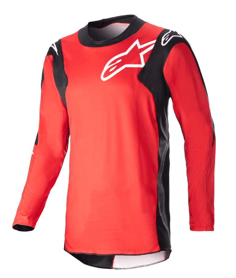 Alpinestars 2023 Racer Hoen Jersey, Long-Sleeve Motocross Jersey, Mars Red and Black, featuring a white chest logo, lightweight performance fabric, sporty design for off-road racing