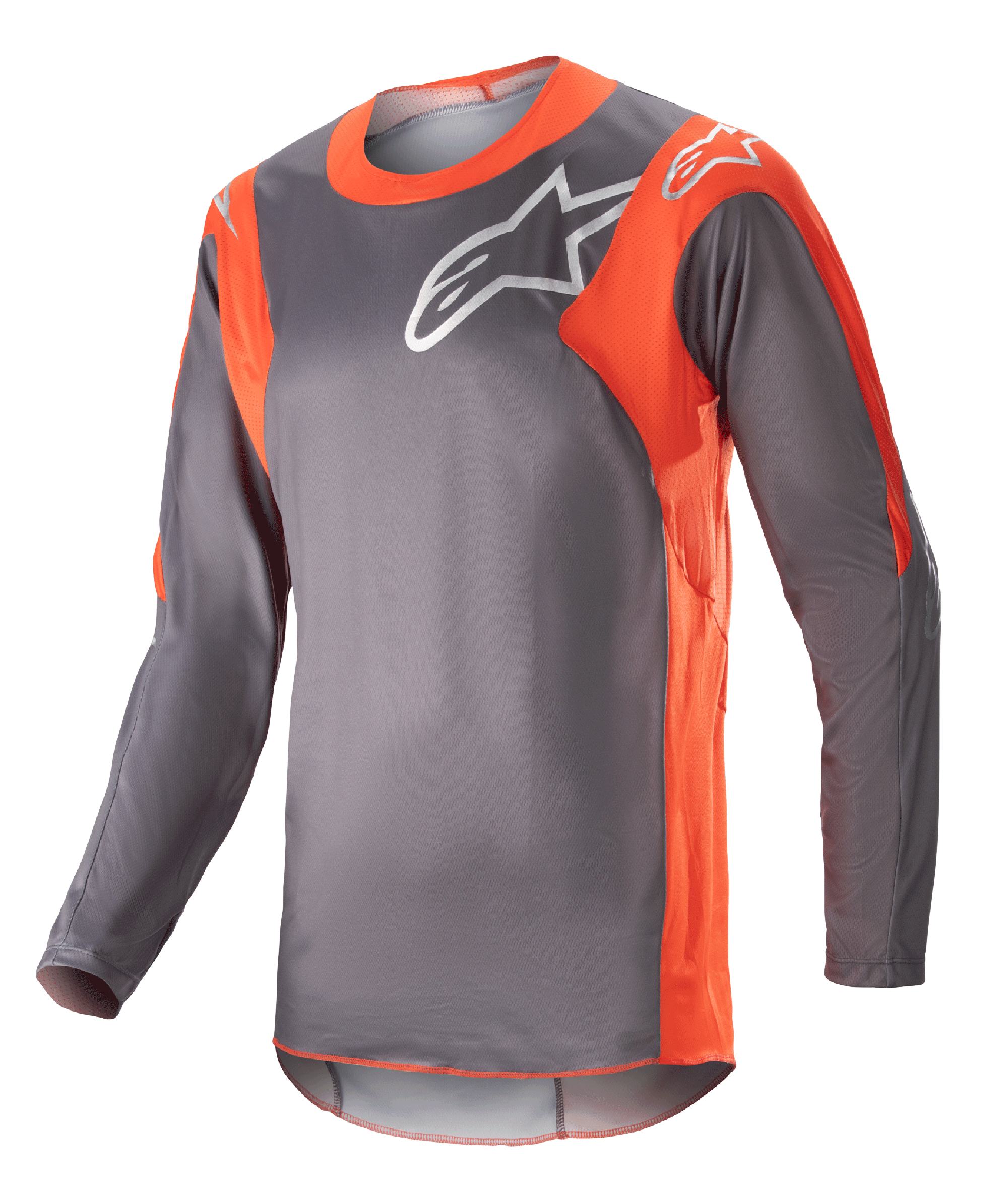 Alpinestars 2023 Racer Hoen Jersey, Long-Sleeve Motocross Jersey, Magnet Gray and Hot Orange, white Alpinestars logo on chest and shoulders, lightweight performance fabric for off-road racing