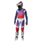 Motocross rider wearing complete racing gear, Alpinestars 2024 Racer Hoen Jersey with purple to hot orange gradient and light gray shoulders, matching light gray pants with red and purple accents, coordinated helmet and white boots, full off-road racing outfit