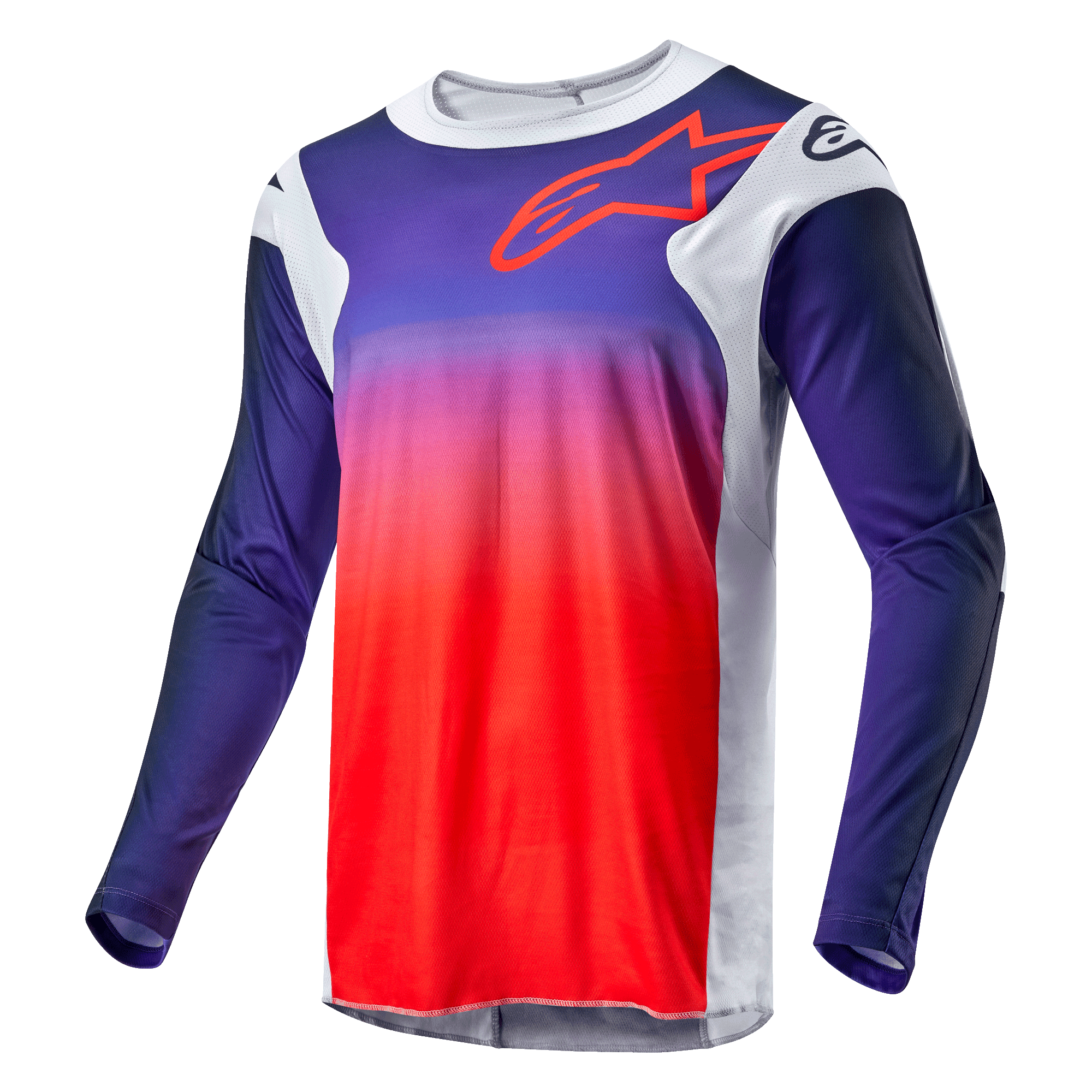 Alpinestars 2024 Racer Hoen Jersey, Motocross Jersey, Navy Blue to Hot Orange gradient with Light Gray side panels, featuring a red Alpinestars logo outline on the chest, technical long-sleeved apparel for off-road racing
