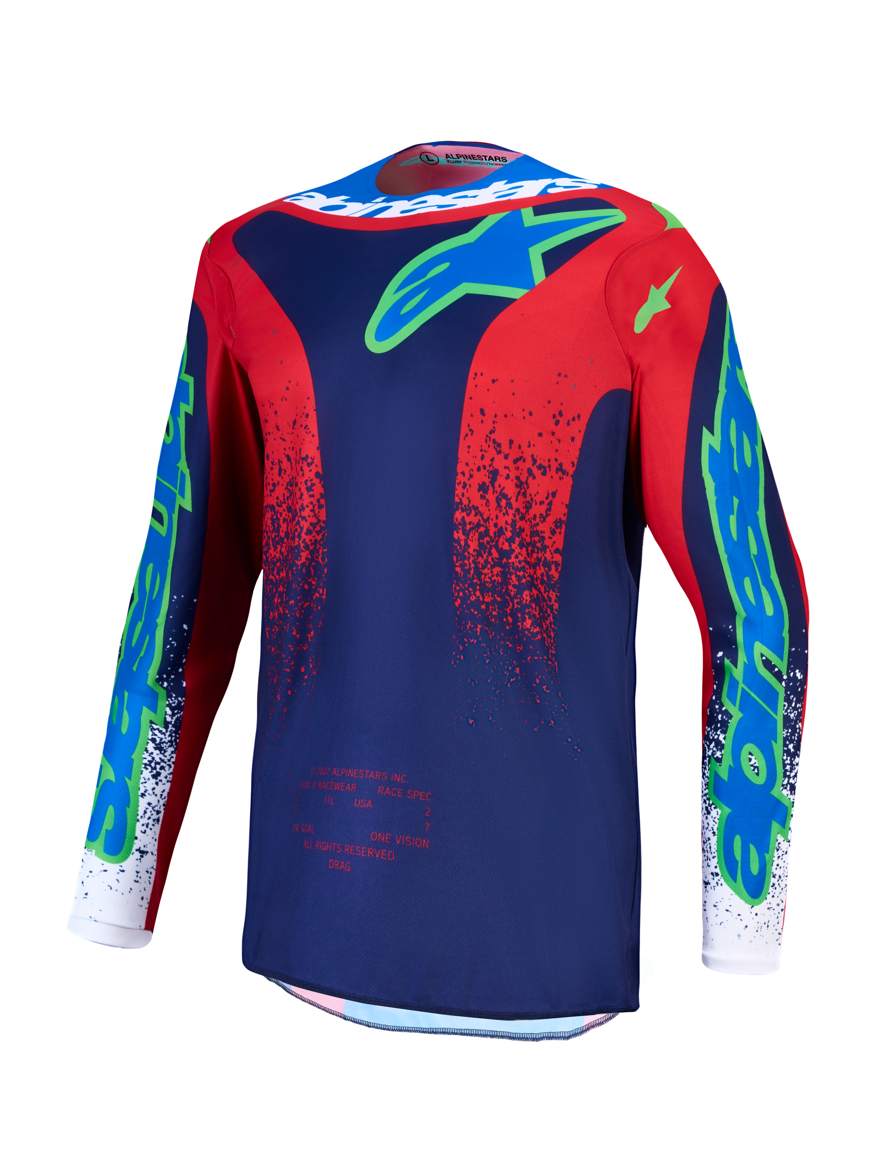 Alpinestars Fluid Drag Jersey, Men's Motocross Top, Navy Blue and Fire Red, breathable moisture-wicking polyfabric.