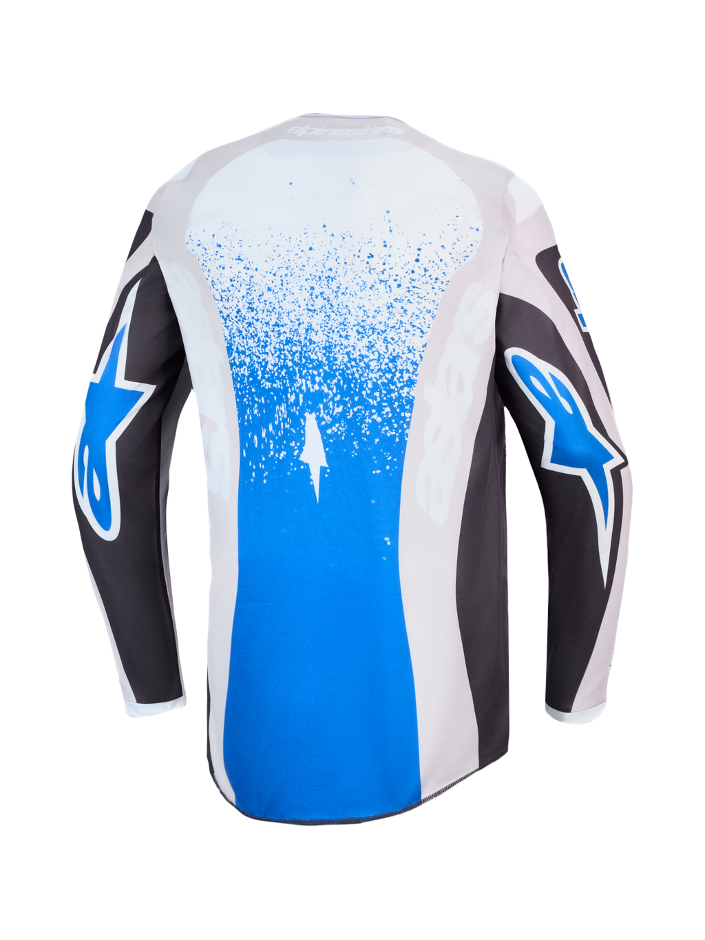 Alpinestars Fluid Drag Jersey, blue and graystone motocross jersey, back view with splatter graphics and star logos.