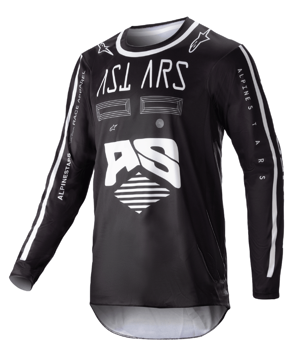 Alpinestars 2023 Racer Found Jersey, Black Long-Sleeve Motocross Jersey, White abstract graphics and large AS logo, ASTARS branding on chest, white-trimmed round collar, performance race apparel