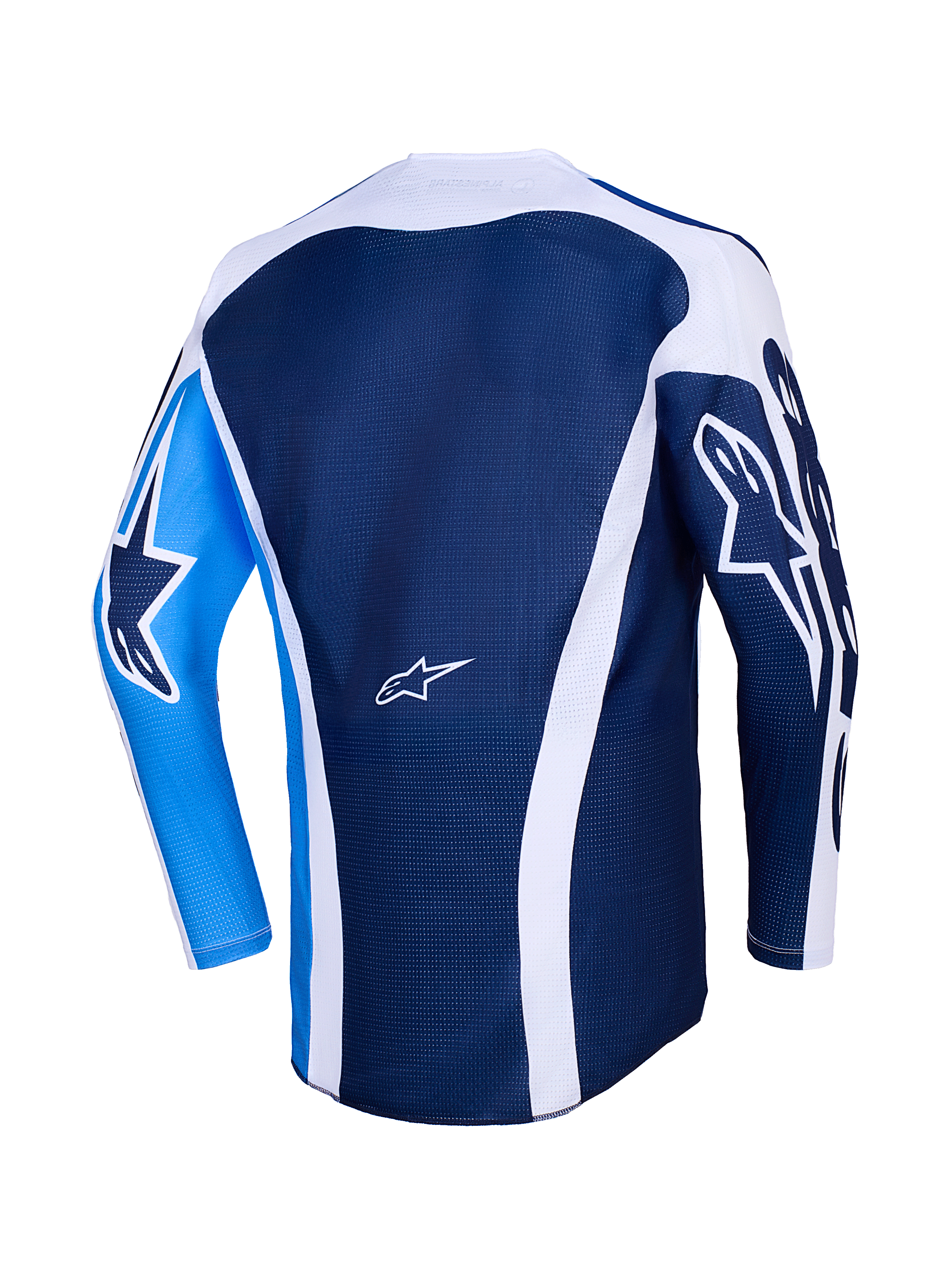Alpinestars 2026 Racer Air Portl Jersey, Back view, Ucla Blue and White, dark blue mesh body with white curved accents, bright blue left sleeve with a dark blue star logo, dark blue right sleeve with white star logo, breathable motocross performance jersey