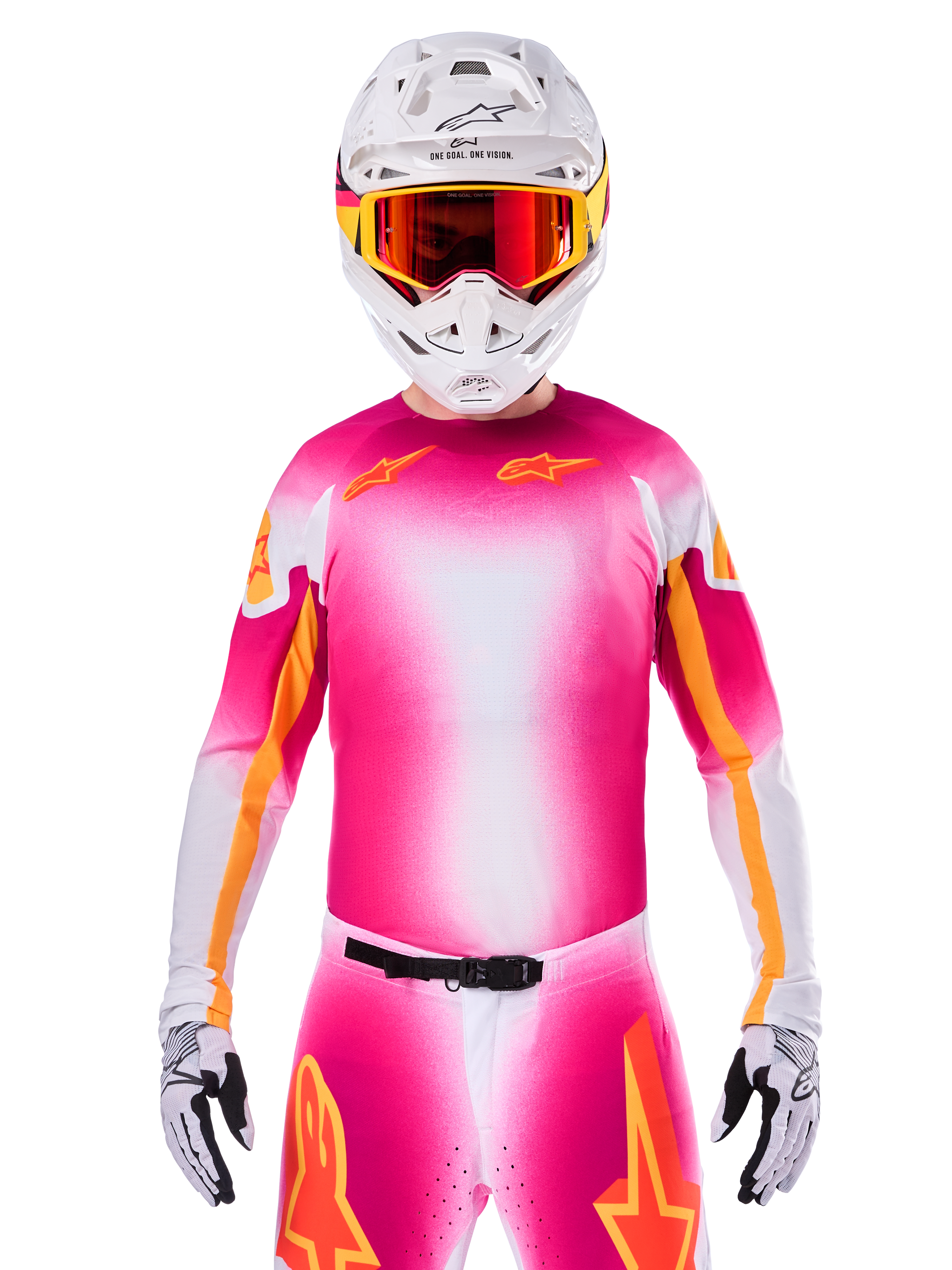 Alpinestars Limited Edition Supertech AFD MIG Jersey, Pink Fluo White Motocross Jersey, featuring a vibrant gradient with orange star logos, worn as a complete racing kit with matching pants, white helmet, and red goggles, professional dirt riding apparel