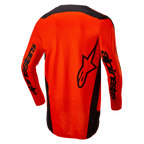 Alpinestars 2024 Fluid Lurv Jersey, Motocross Jersey, Hot Orange and Black, back view showing large black star logo and Alpinestars branding on sleeves, drop tail design for coverage, lightweight poly-fabric for off-road racing