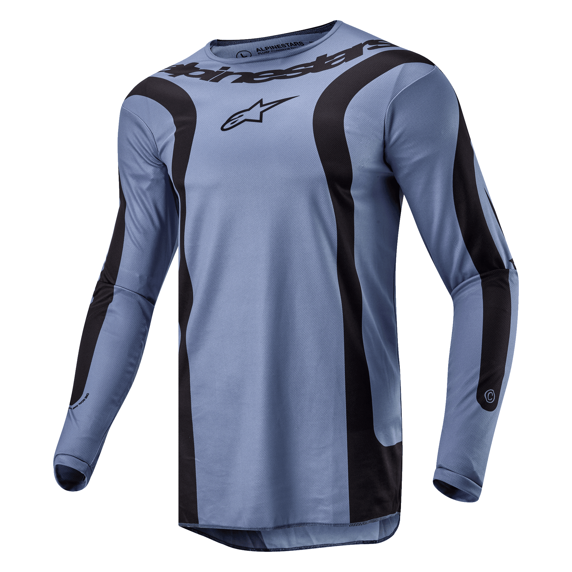 Alpinestars 2024 Fluid Lurv Jersey, Motocross Jersey, Light Blue and Black, featuring bold curved black graphics on the front and sleeves, central Alpinestars logo on the chest, and performance poly-fabric construction with a sport collar.