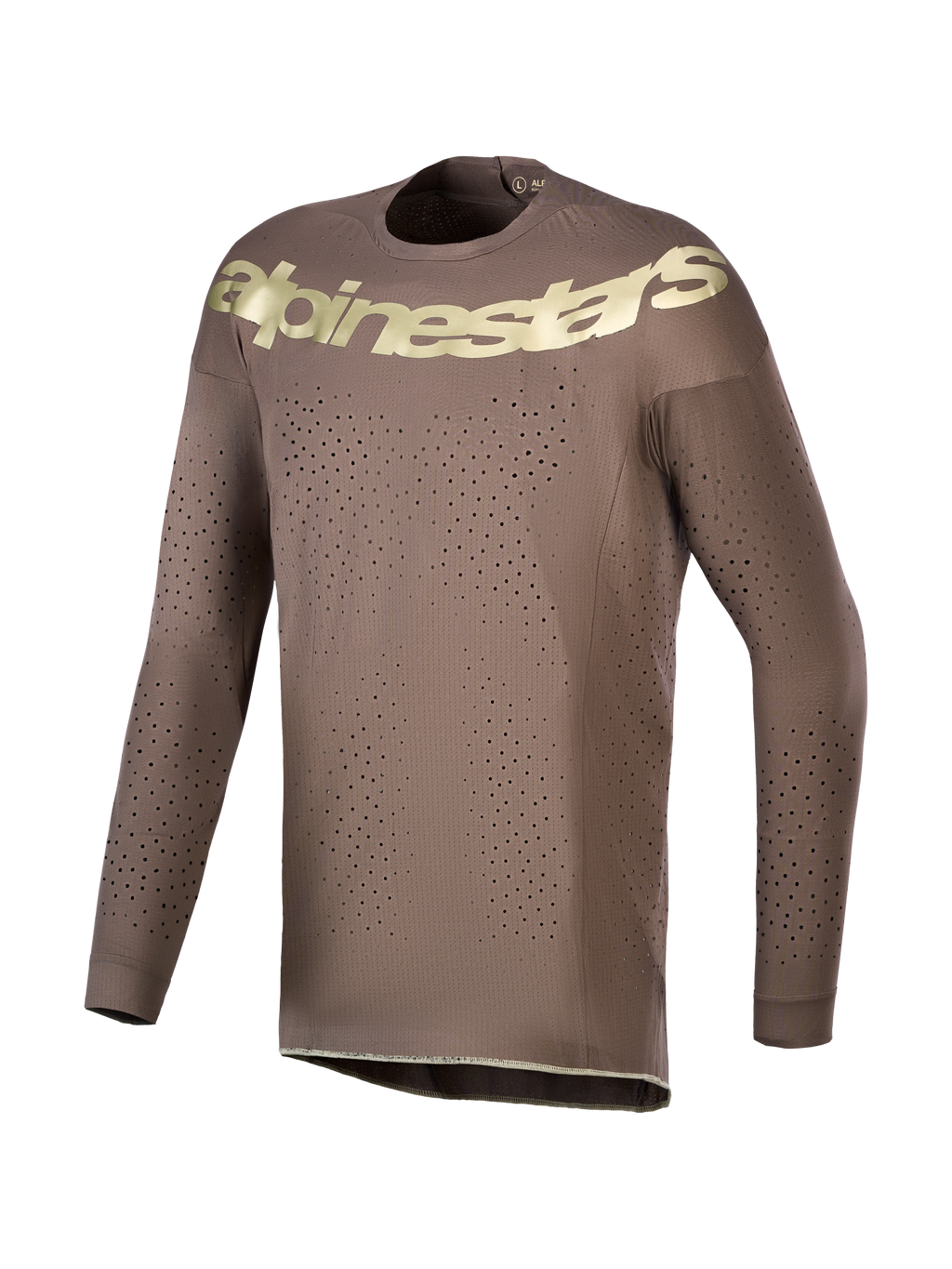 Alpinestars Limited Edition Supertech Air Gold Jersey in brown with gold logos and laser-cut vents for motocross.