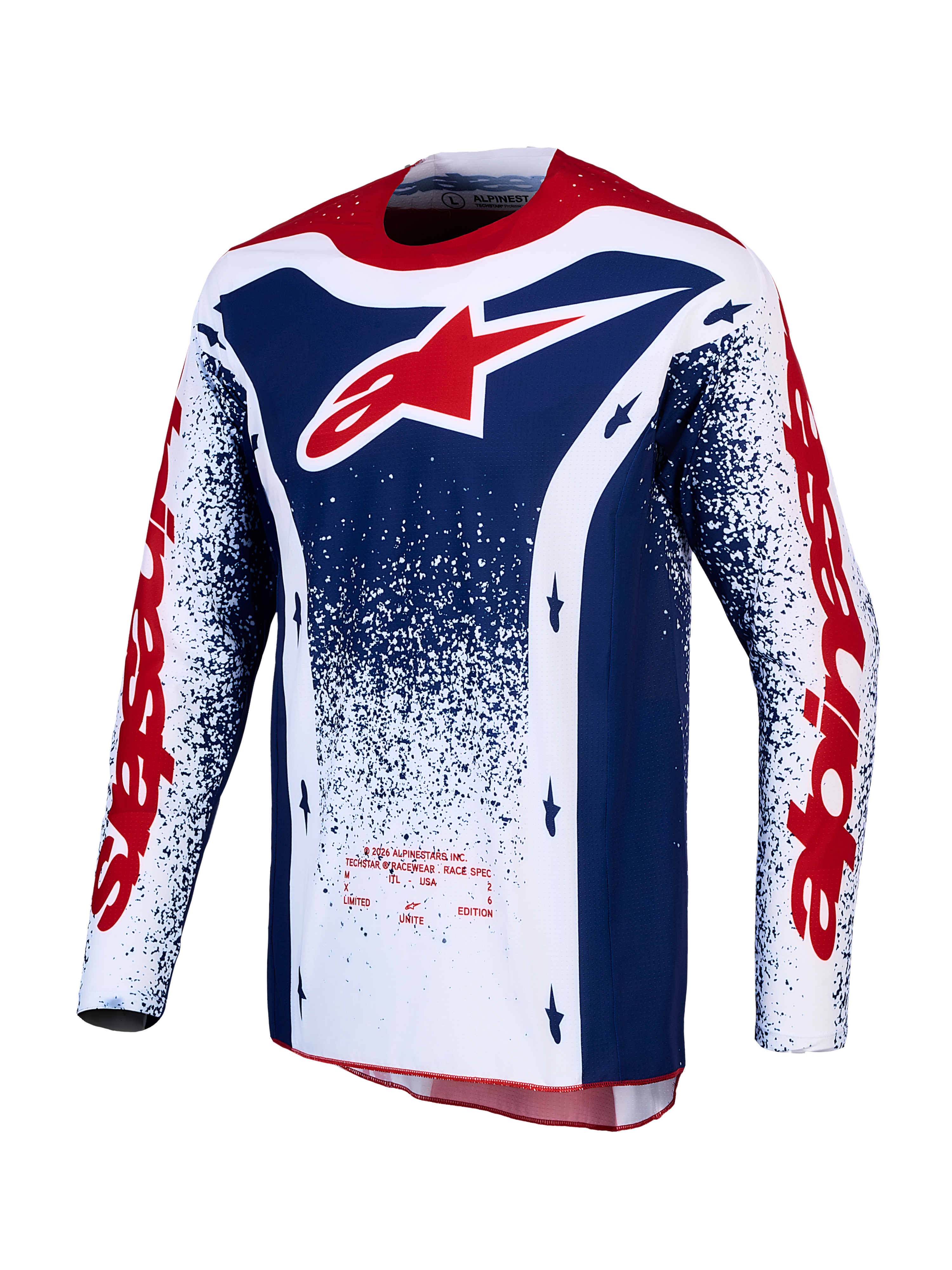 Alpinestars Limited Edition Techstar Unity Jersey, red, white, and blue performance motocross top for off-road racing.