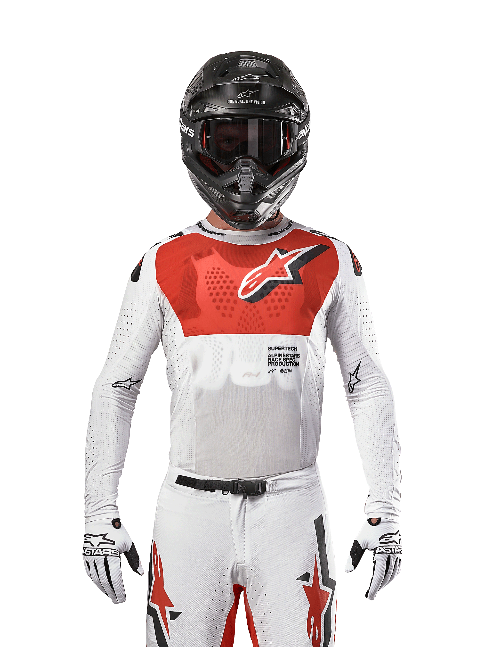 Motocross rider wearing Alpinestars 2024 Supertech Ward Jersey in White Hot Orange, white stretch mesh jersey with a prominent red chest graphic and logo, black helmet with dark goggles, white gloves, professional-level gear for off-road performance