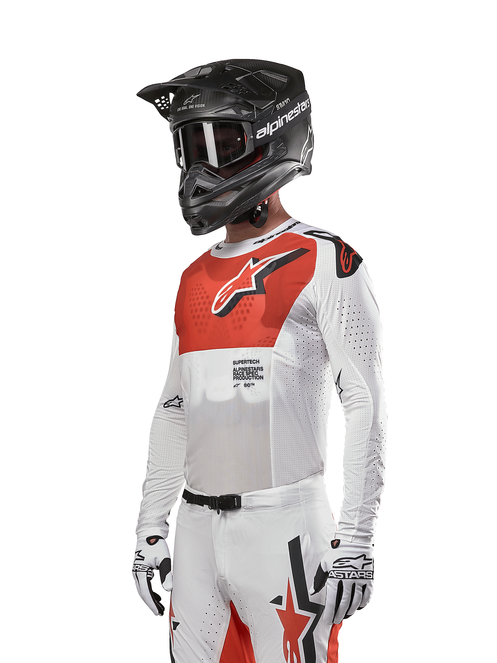 Alpinestars 2024 Supertech Ward Jersey, Motocross Jersey, White and Hot Orange, featuring a red chest panel with white star logo, long sleeves with laser-cut perforations, worn with a black helmet and white gloves, athletic race fit motocross gear