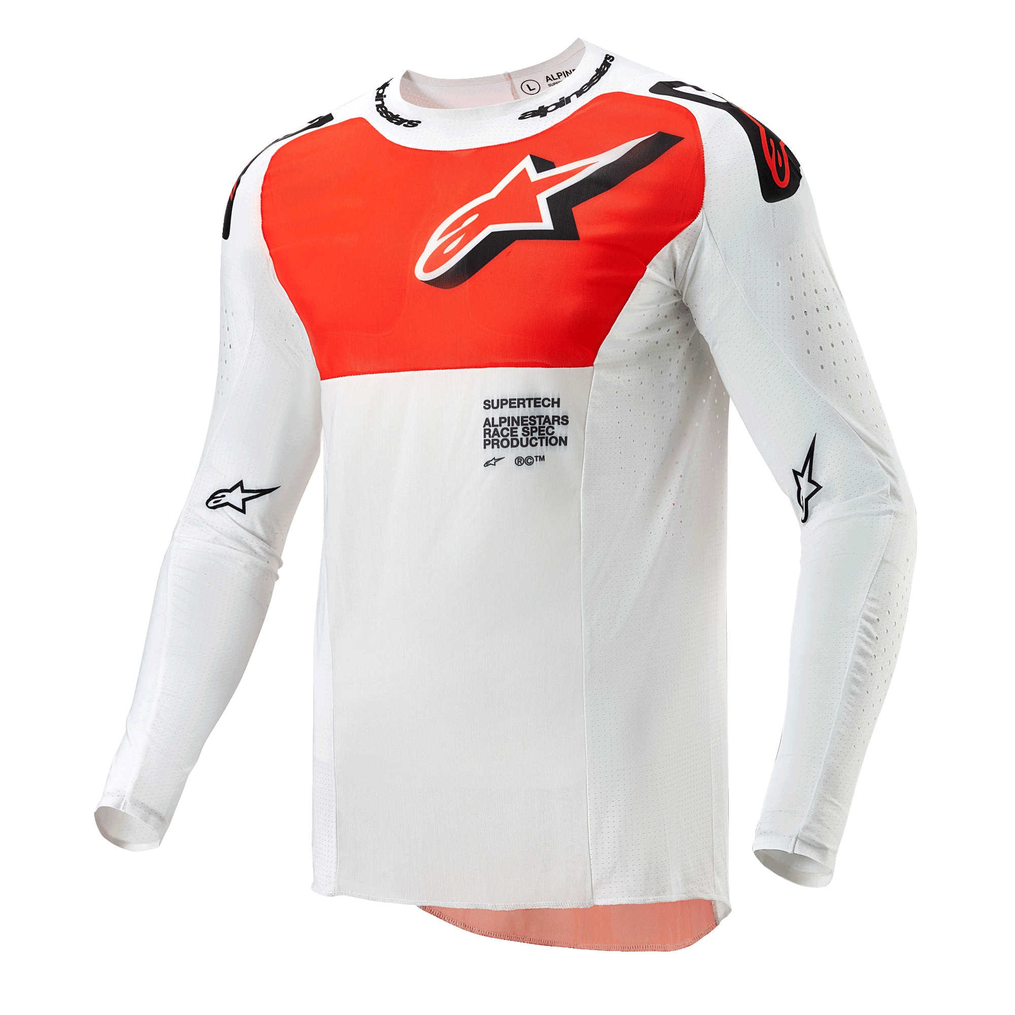 Alpinestars 2024 Supertech Ward Jersey, Motocross Jersey, White and Hot Orange, long-sleeve technical top with a large orange chest graphic, star logo, and breathable perforated construction for off-road racing.